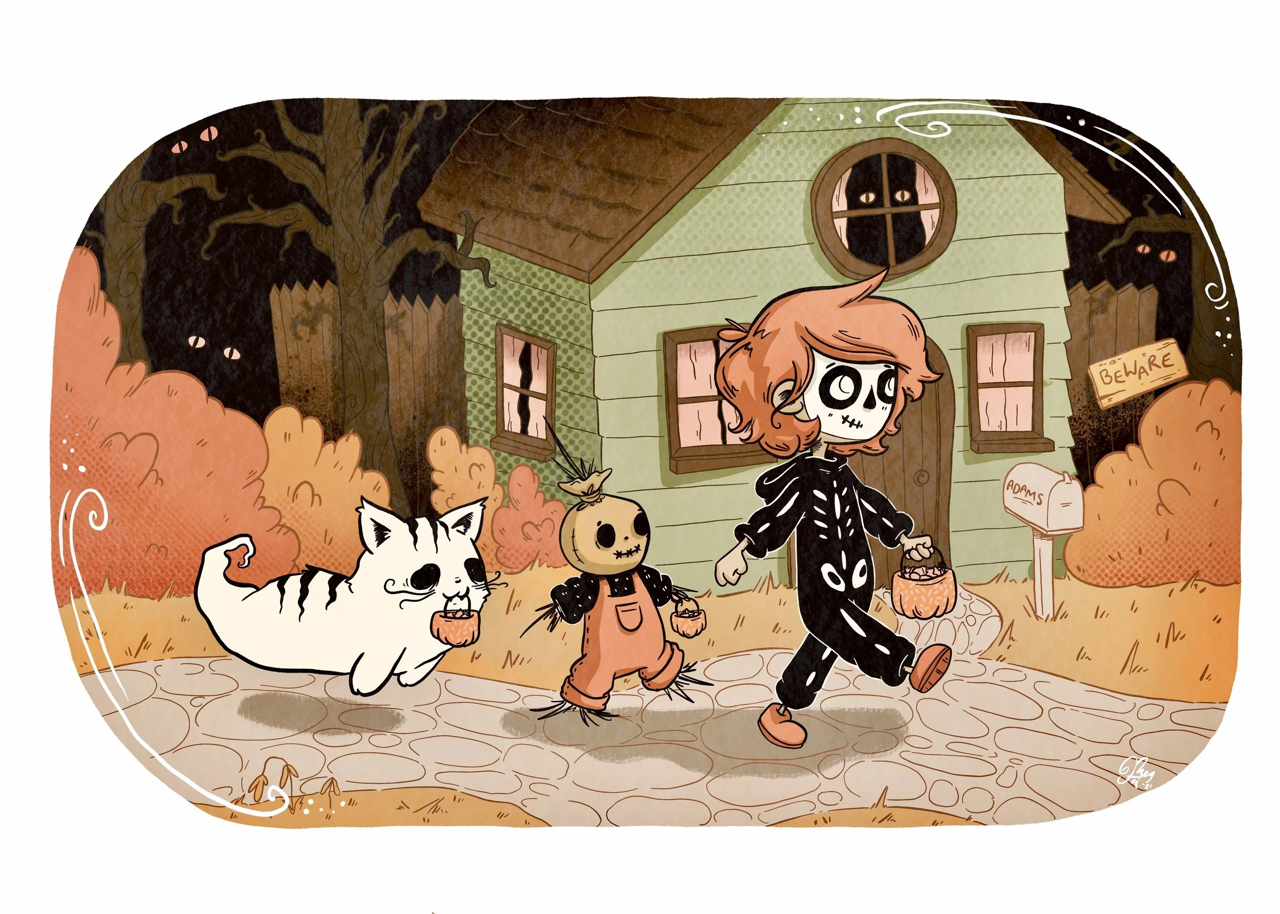 Illustration of children in Halloween costumes walking past a haunted house with glowing eyes in the window and a 'Beware' sign, surrounded by orange bushes and trees.