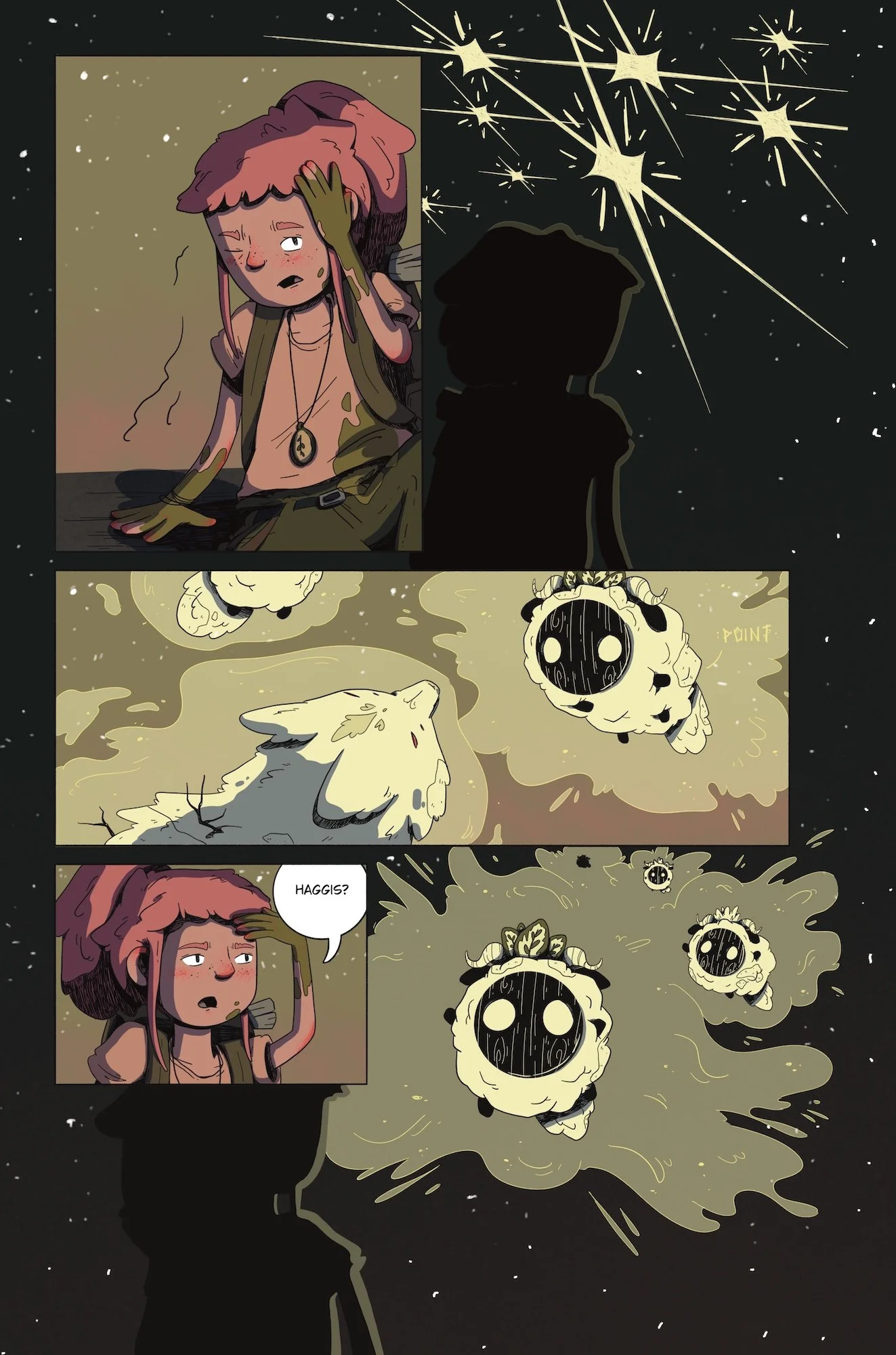 A comic panel showing a girl with pink hair and freckles looking distressed, holding her forehead. The background features a starry night sky with bright streaks. There is a silhouette of a person and cartoonish sheep-like creatures emitting colorful