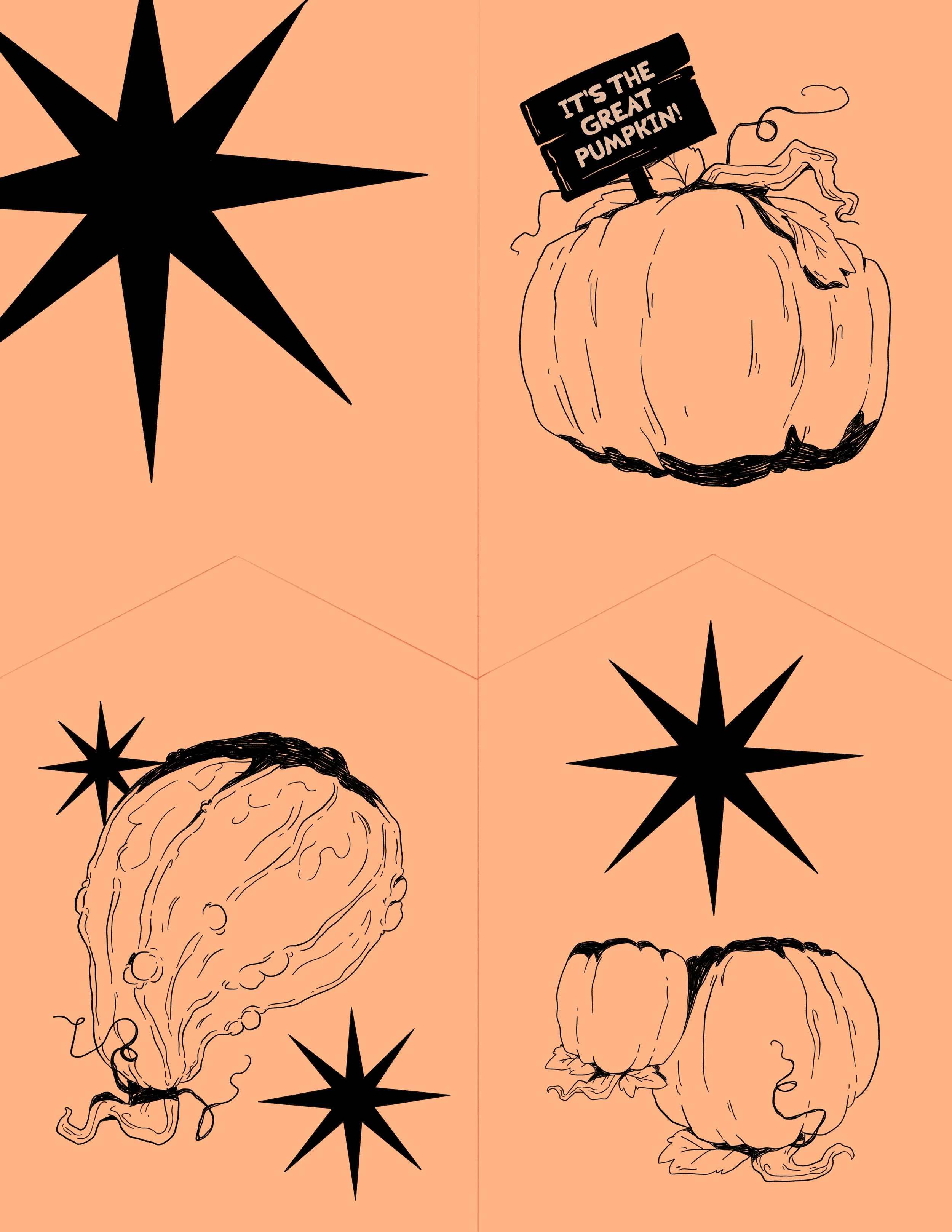 Illustration of pumpkins and black star shapes on an orange background, with one pumpkin having a sign that says 'It's the great pumpkin!'