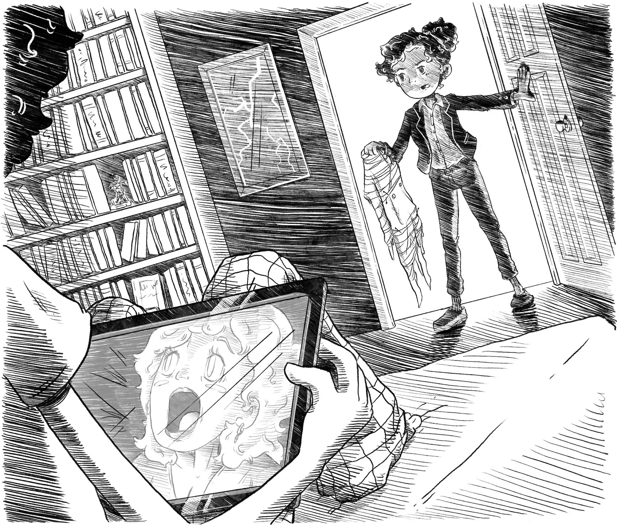 A young boy standing in a room, holding a framed picture of a skull, with bookshelves filled with books and a window with curtains behind him.