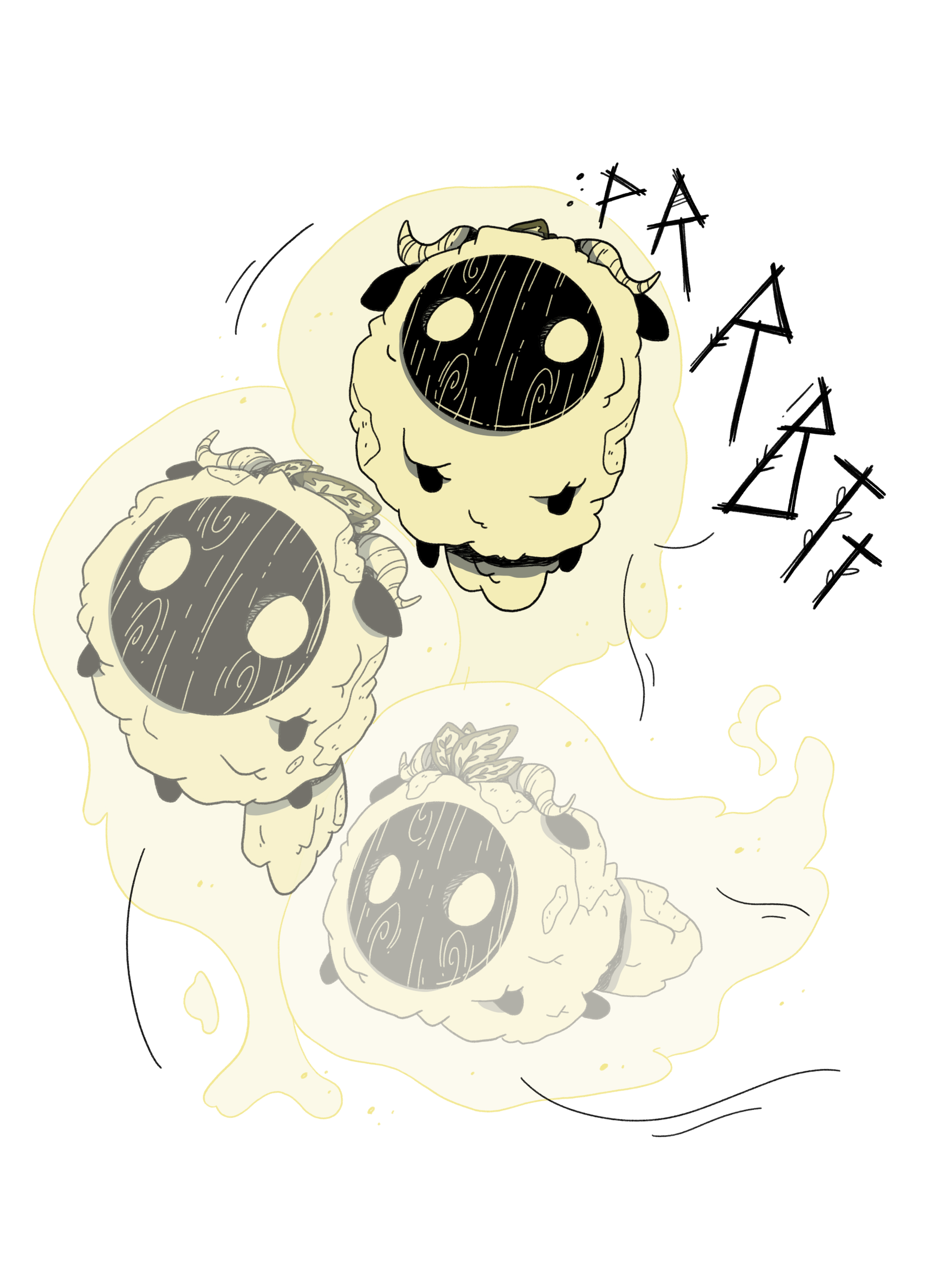 Illustration of a light yellow-green ghostly sheep character. It has a black mask looking face and very small round features. The character is flying upwards in a joyful manner, it's form repeated but fading behind it to show the motion progression