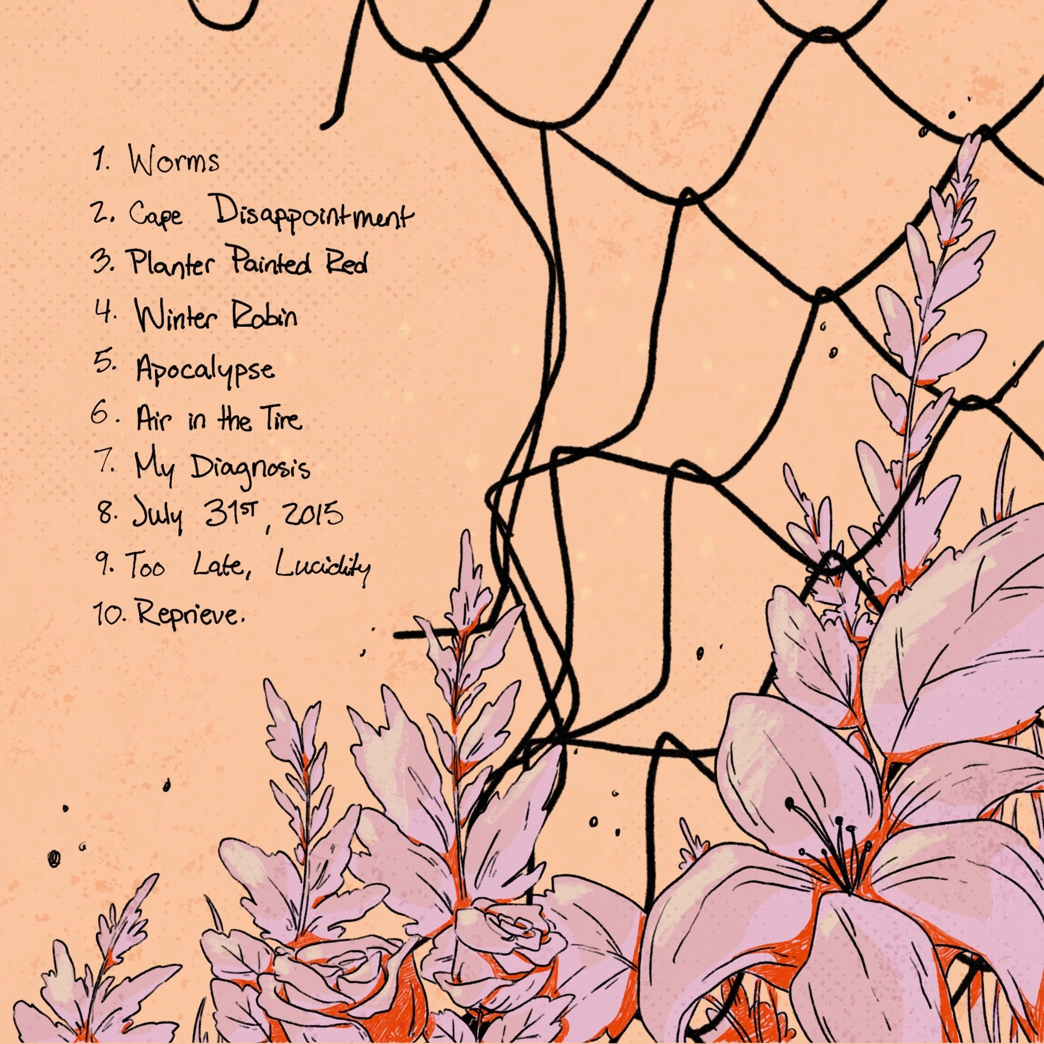 A hand-drawn illustration of a spider web with a branch and purple flowers growing next to it. The background is a peach color with speckles, and there's a list of items in black handwritten text on the left side.