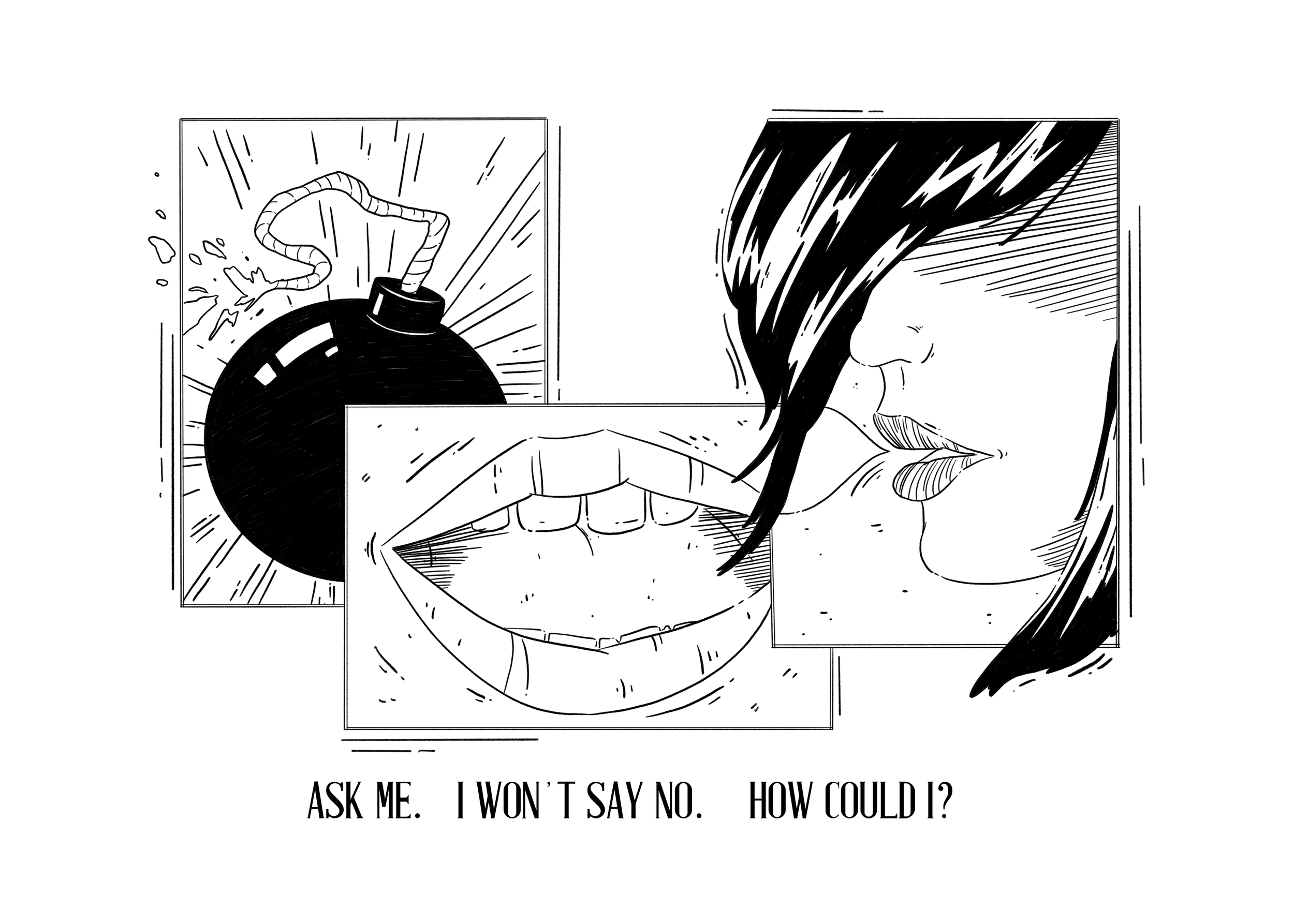 A close-up of a woman with dark hair and lips, holding her finger to her lips in a shushing gesture, with stylized comic book speech panels showing a bomb exploding and a question about how one could not say no.