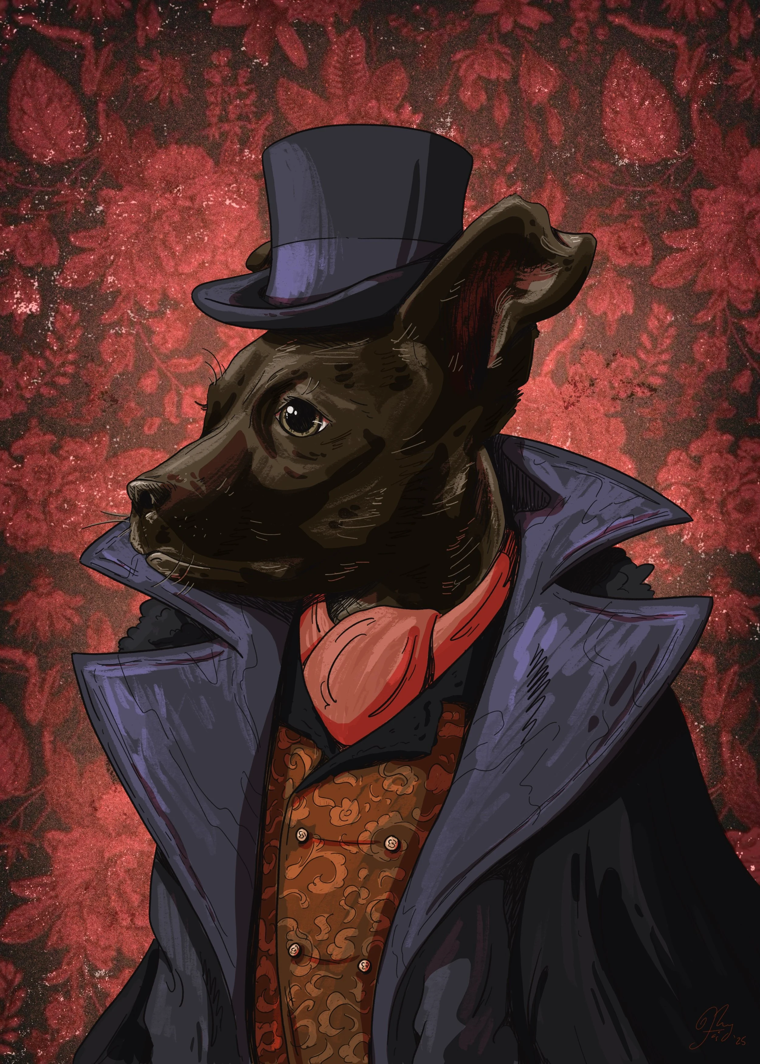 A humanoid rat dressed as a Victorian gentleman, wearing a black top hat and a dark coat, with a red scarf, set against a textured red background with floral patterns.