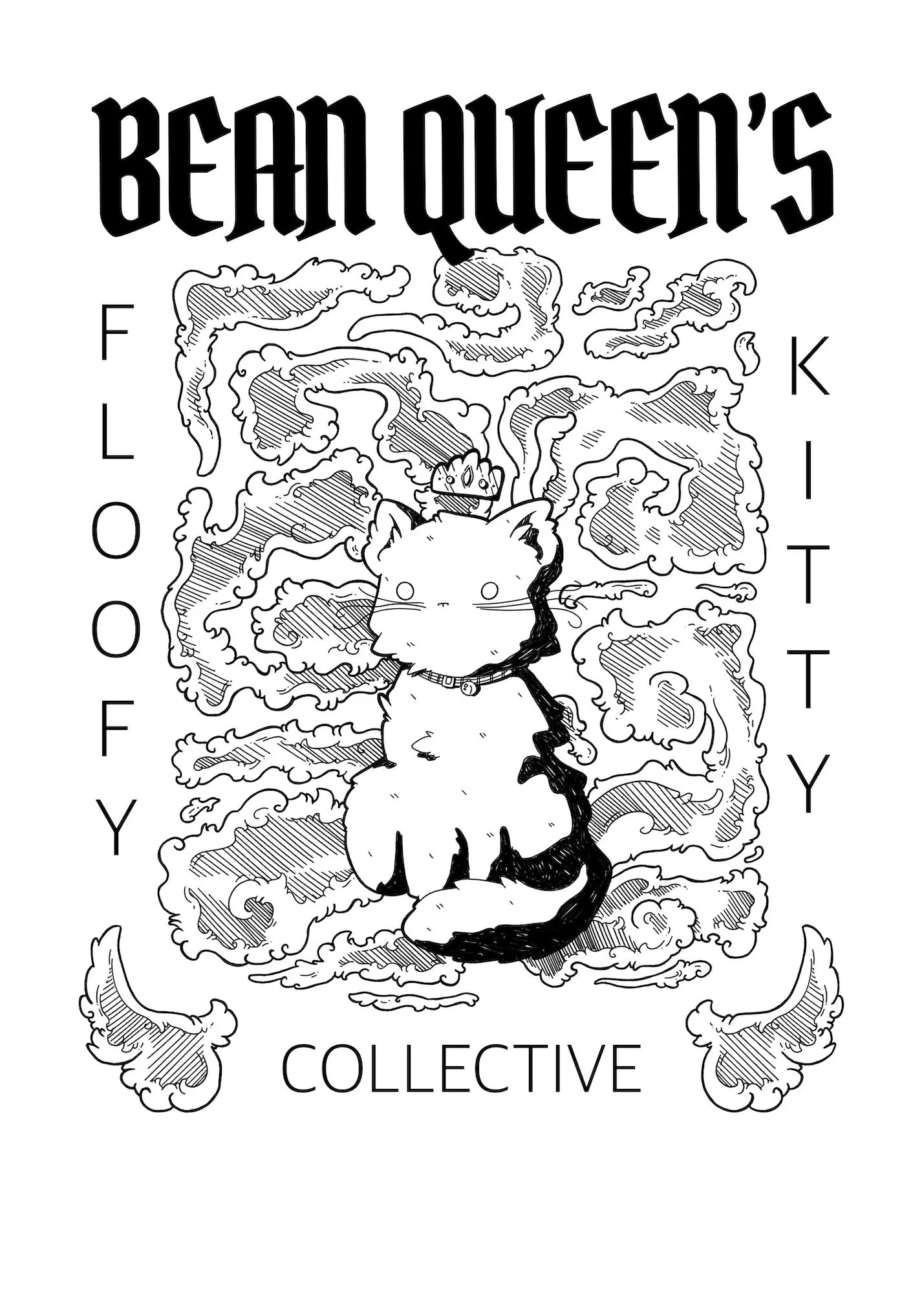 Line drawing of a cat sitting with flowers and clouds in the background, with text reading 'BEAR QUEEN'S FOOD COLLECTION' and 'COLLECTIVE'.