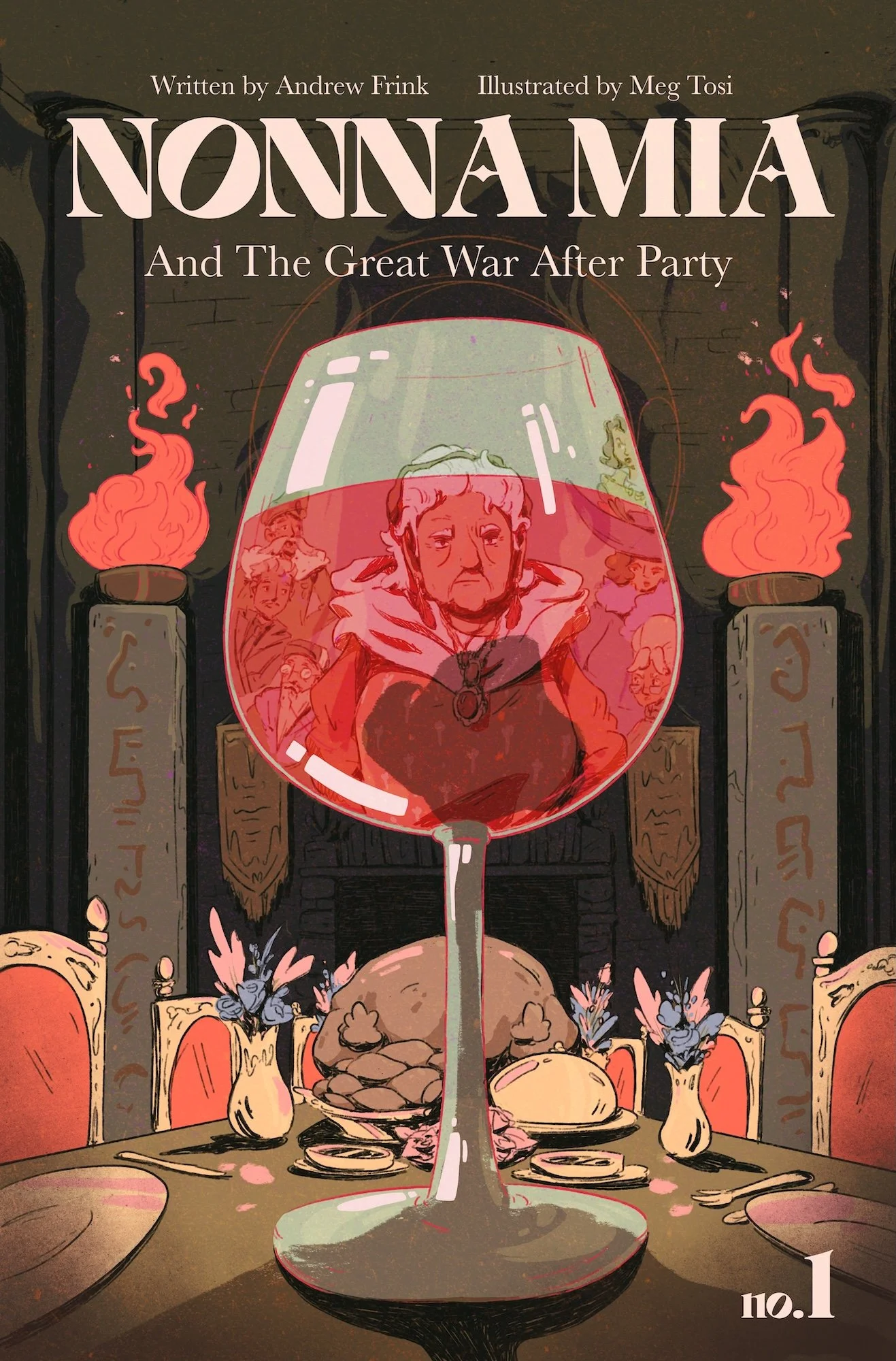 An illustrated cover showing a goblet of wine with a group of historical figures reflected inside, set on a dining table with plates, bread, flowers, and candles, and a throne-like chair in the background. The title reads 'NONAMIA and The Great War A