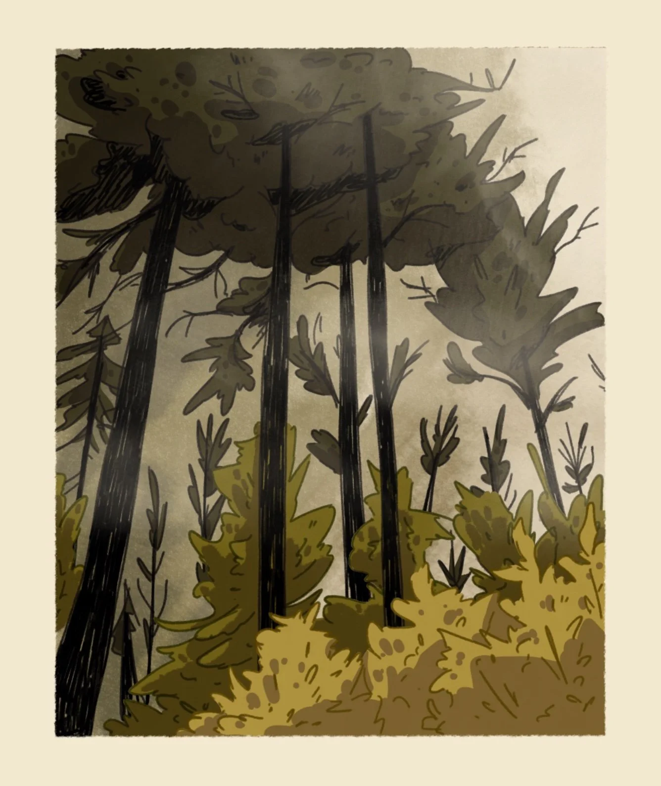 Illustration of tall trees with dark trunks and green foliage, and yellow bushes and plants at the base in a forest scene.