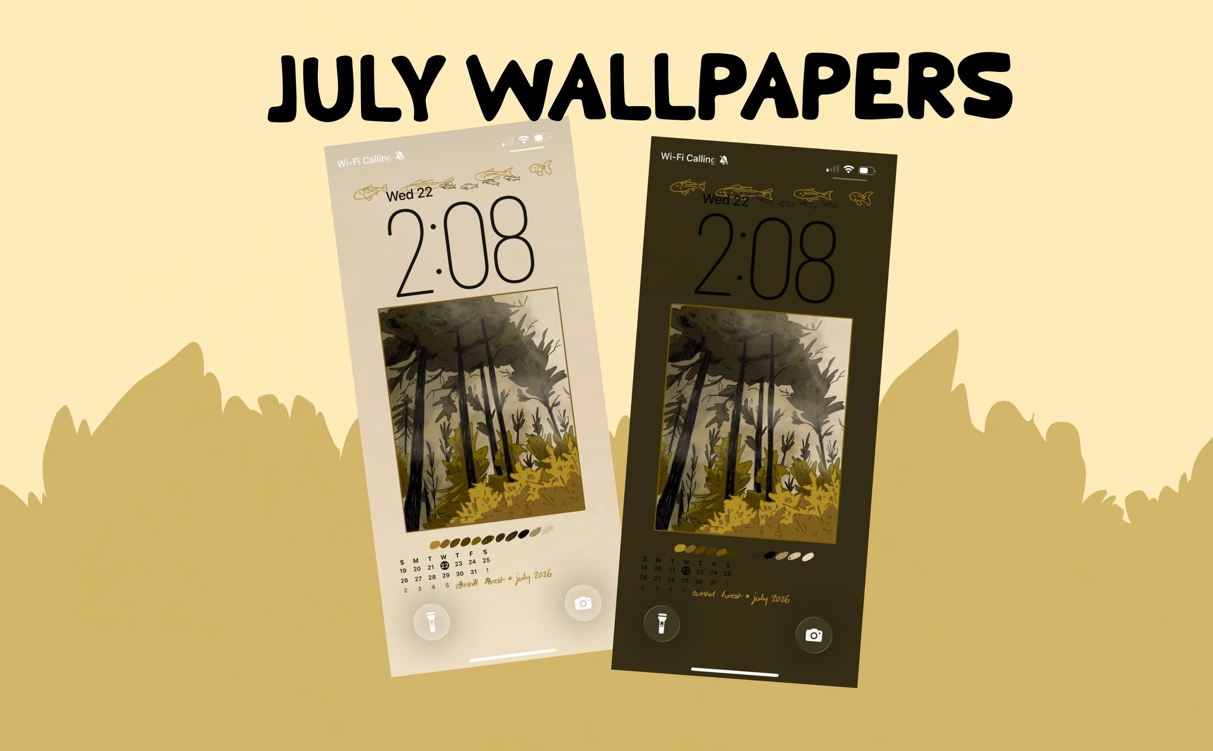 Two July 2026 calendar wallpapers with a nature scene of trees and foliage at the bottom, one in light mode and one in dark mode, both displaying the time 2:08 and the date Wednesday, July 22.