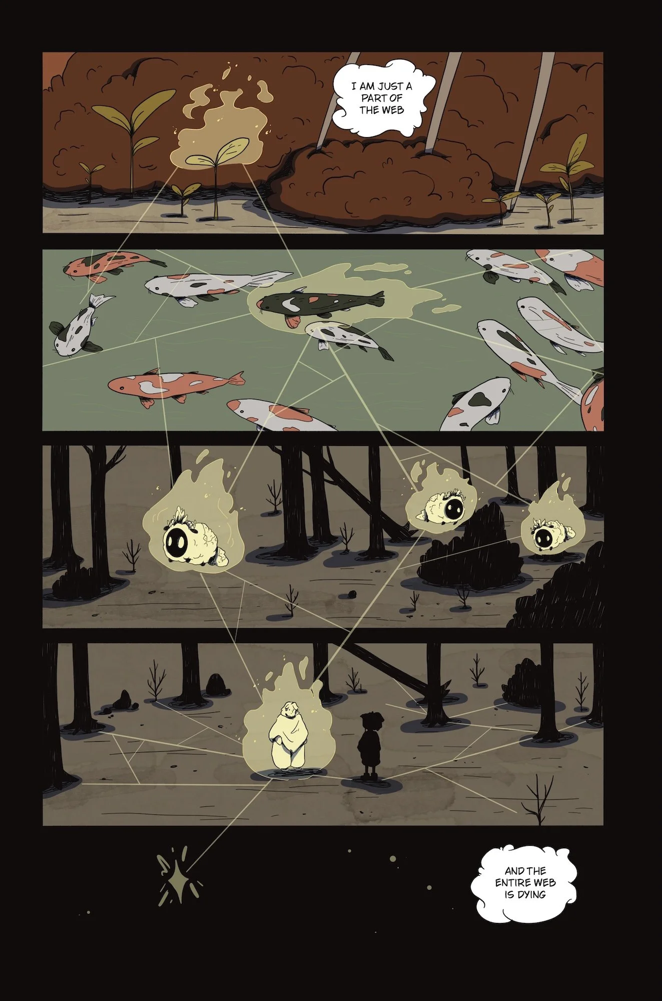 A comic strip illustrating a diminishing web ecosystem, with layers showing young plants, fish in a pond, trees, and two characters observing; one character states 'I am just a part of the web,' and the other comments 'And the entire web is dying' as