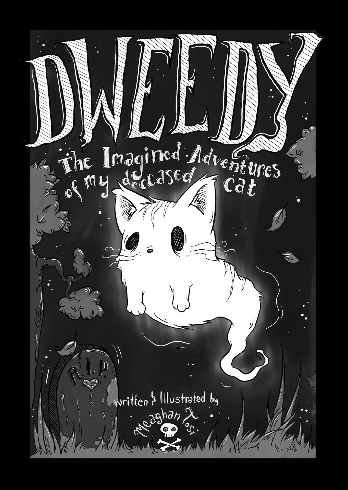 Black and white illustrated book cover titled 'DUEELY: The Imagined Adventures of my deceased cat' with a drawing of a floating cat's skull surrounded by trees, leaves, a skull illustration, and a gravestone marked 'R.I.P.' in a dark, spooky scene.