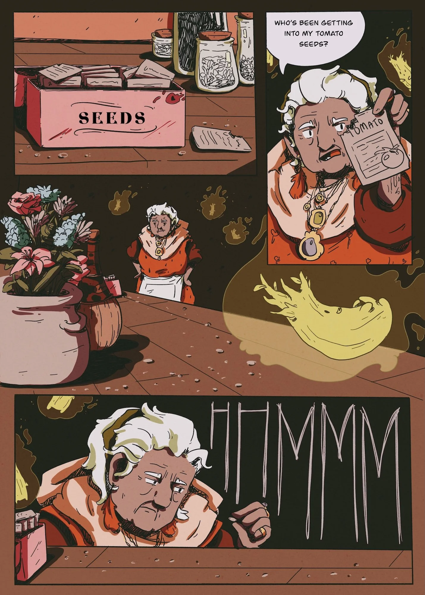 Comic illustration of an older woman with white hair, holding a seed packet labeled 'Tomato', standing behind a table with a plant in a pot and jars filled with seeds, with a speech bubble asking, 'Who's been getting into my tomato seeds?'.