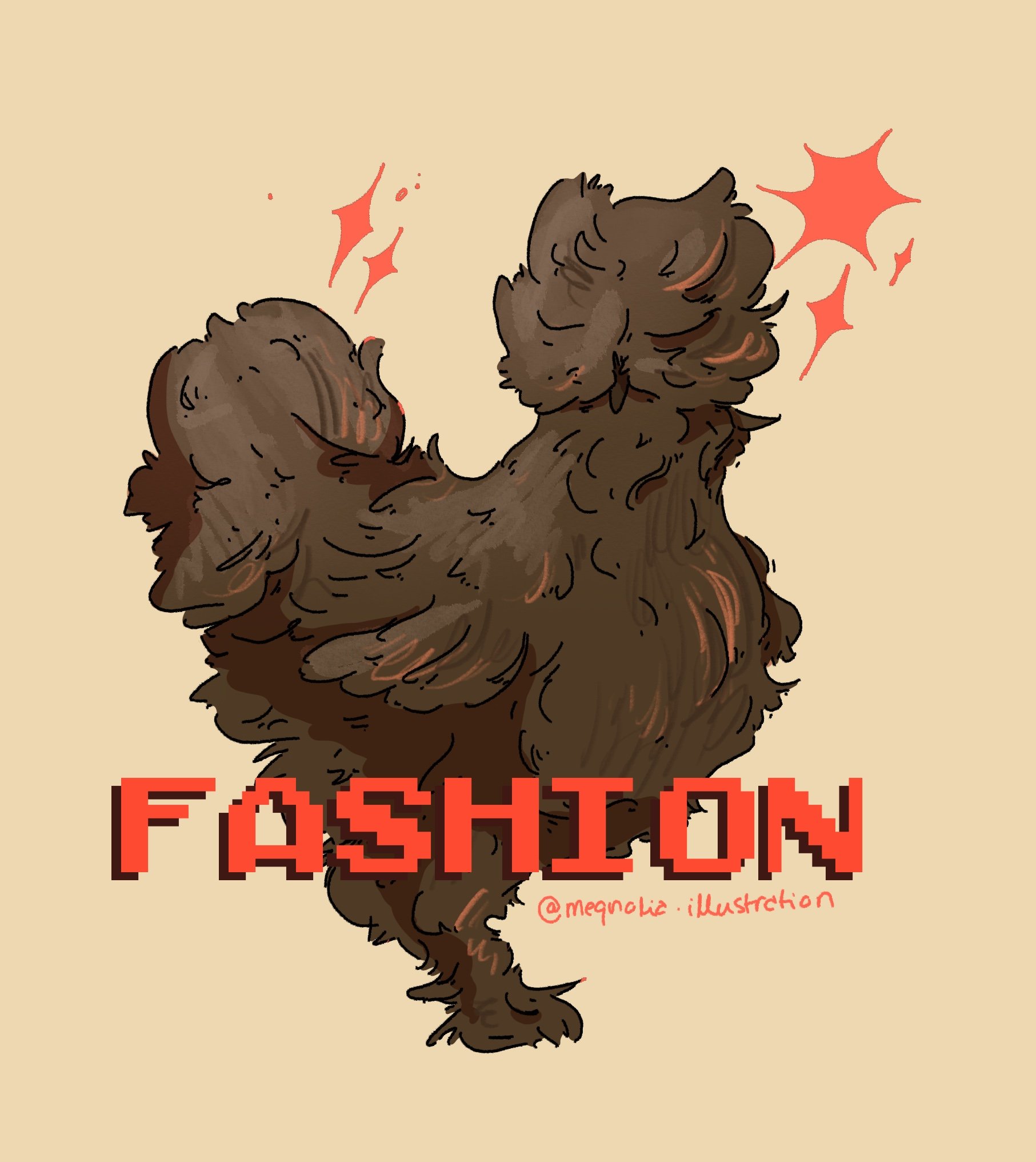 Illustration of a brown fluffy dog with the text "FASHION" in pixelated red letters and the artist's handle "@megnoie.illustration" in red.