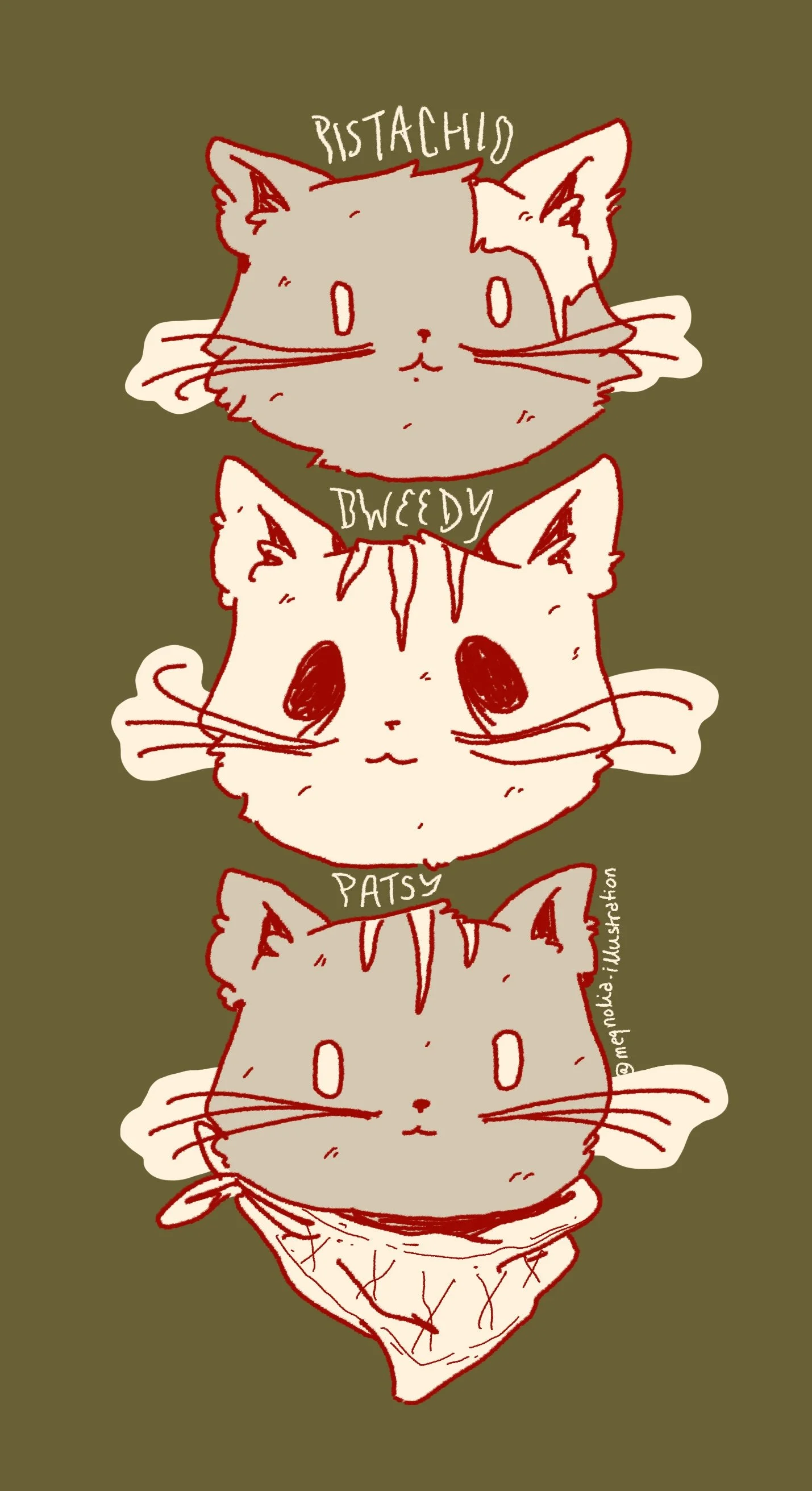 A vertical lineup of four illustrated cats with different facial expressions and labels, on a green background. From top to bottom: 'Pistachio', 'Bweedy', 'Patsy', and an unlabeled cat.