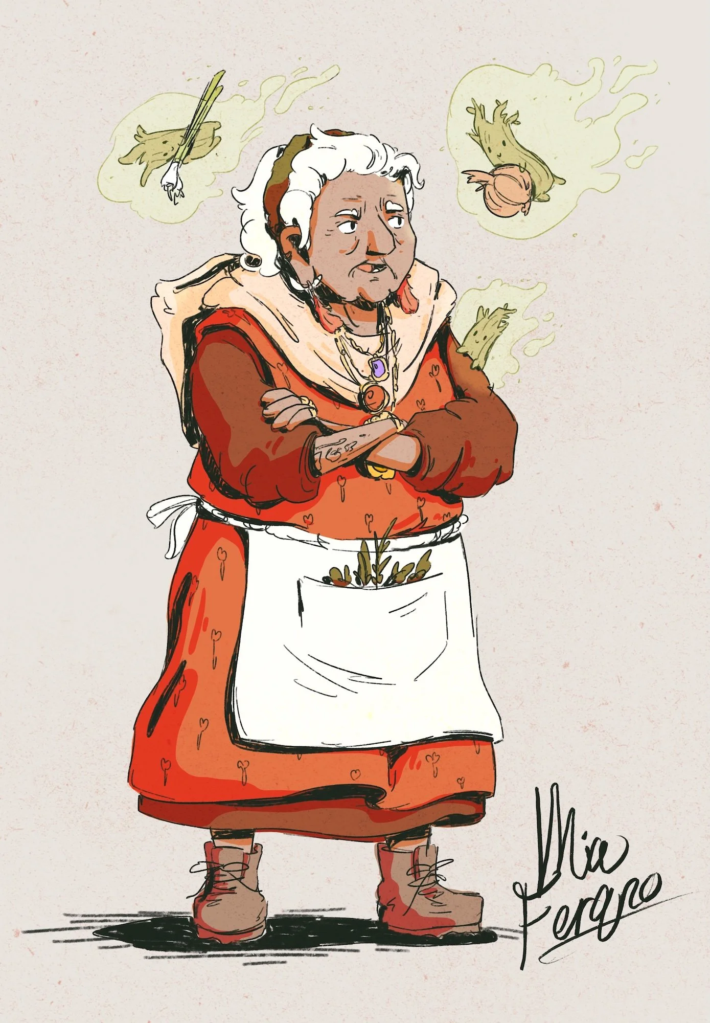 A cartoon woman with gray hair, wearing a red dress with small hearts and an apron, standing with crossed arms and boots. Thought bubbles above her head contain drawings of a bird and a plant. The signature 'Mia Torano' is in the lower right corner.