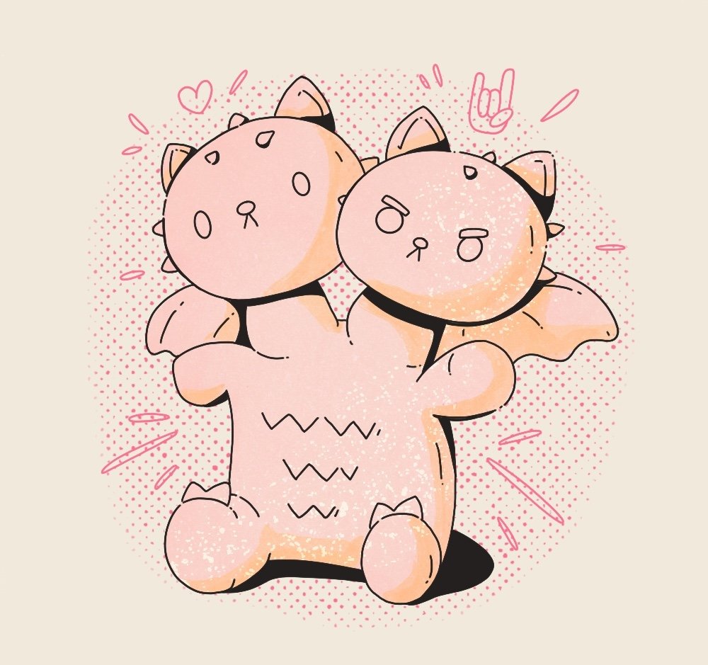 Cute cartoon illustration of two chubby cats with large heads and small bodies, wearing bat wings and black collars, surrounded by pink doodles and hearts.