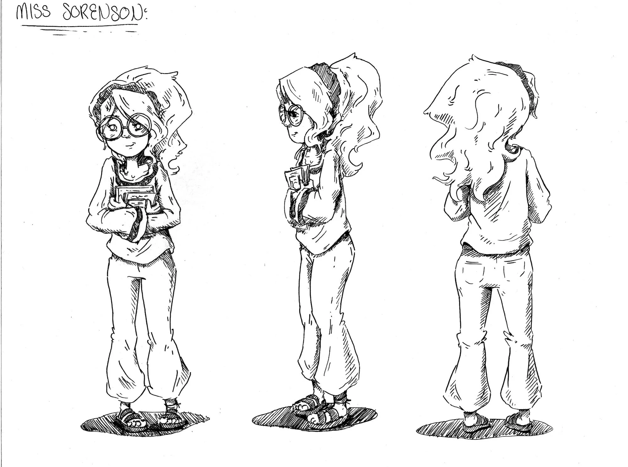 A black and white sketch of three girls standing side by side, viewed from the back and in profile. They are dressed casually in hoodies, pants, and sandals, each holding books. The top left corner has text that reads "Miss Soreusow."