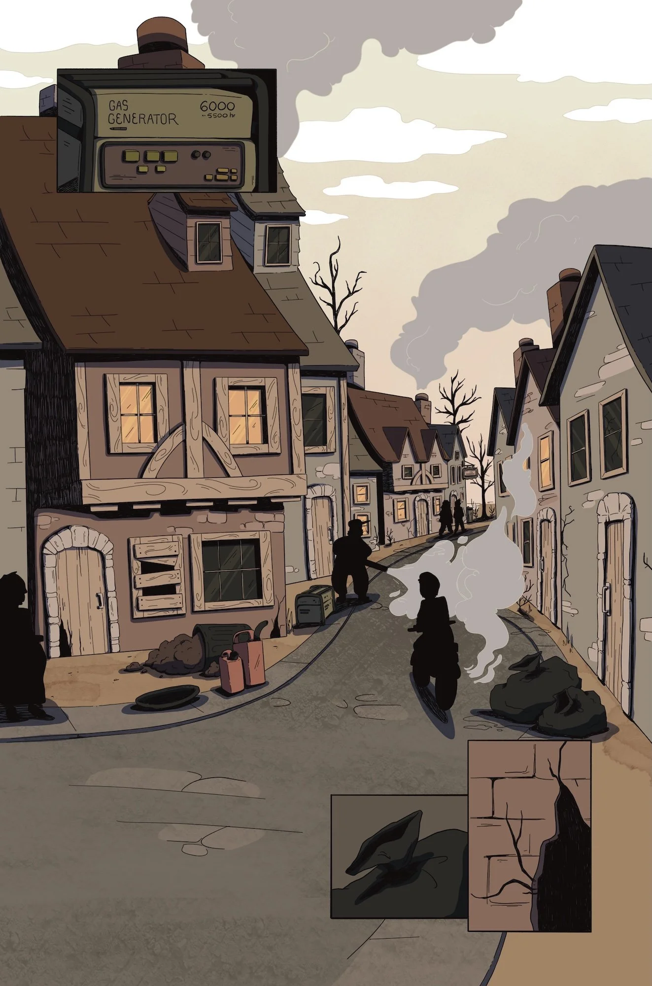 Full page illustration of a run down town street. Silhouettes of people generating grey smoke in a variety of ways. Trash covering the streets. The buildings are very dull colors.