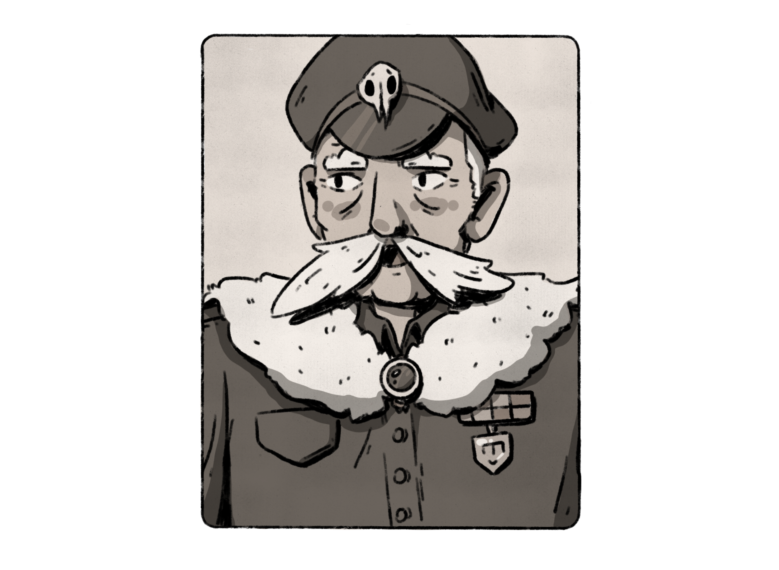 Sketch of a man dressed as a historical explorer or soldier, wearing a hat with a bird skull, a cape, and a uniform with medals.