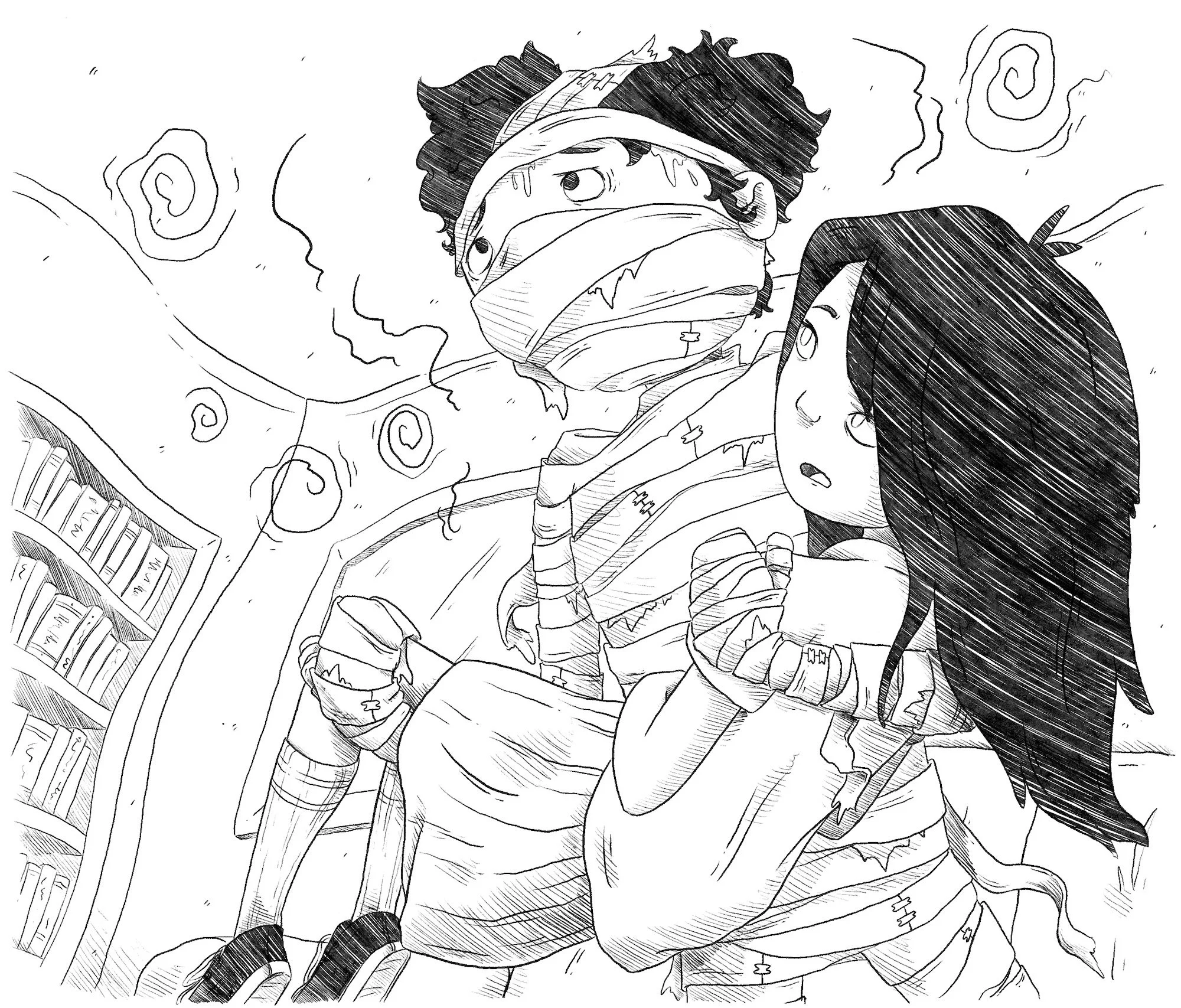 A black-and-white manga-style illustration of two young characters, a boy and a girl, sitting in a library with shelves of books behind them. The boy has curly hair and is wrapped in a bandage around his head, while the girl has long straight hair.
