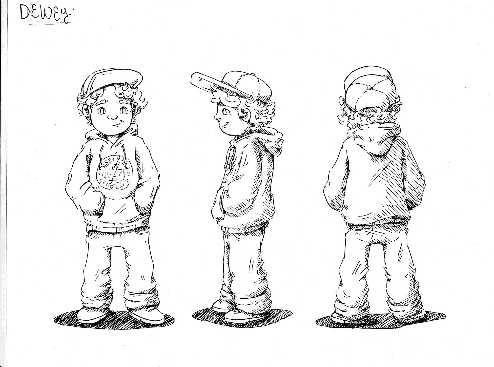Line drawing of three boys standing side by side, each wearing hooded sweatshirts, pants, and baseball caps, with their backs turned to the right, and one boy facing forward with a hat and curly hair.