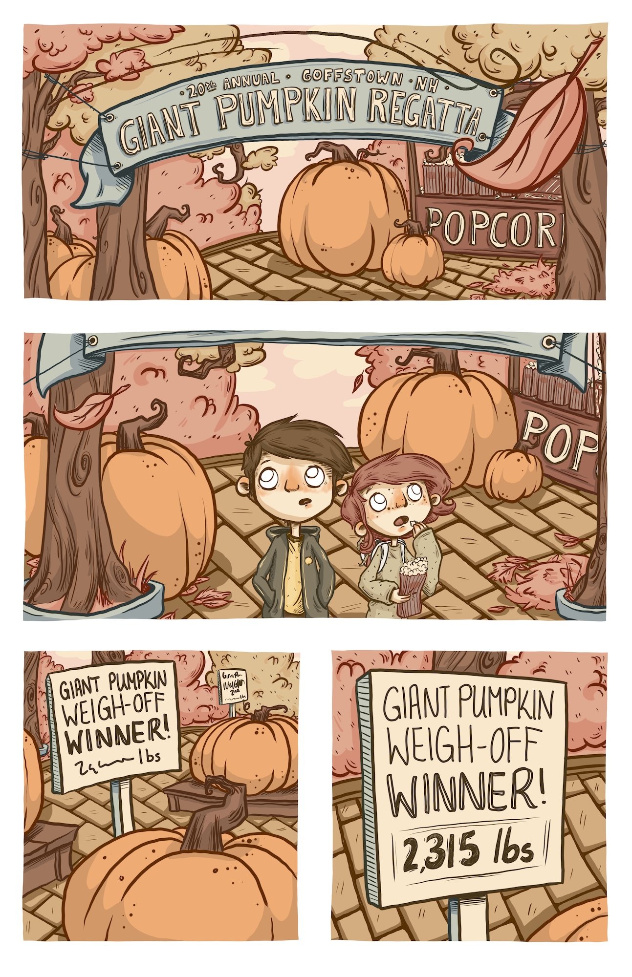 Drawing of a pumpkin weigh-off contest at the Goffstown NH Giant Pumpkin Regatta, with pumpkins, trees, and banners, including a small crowd of two kids looking at the winning pumpkin.