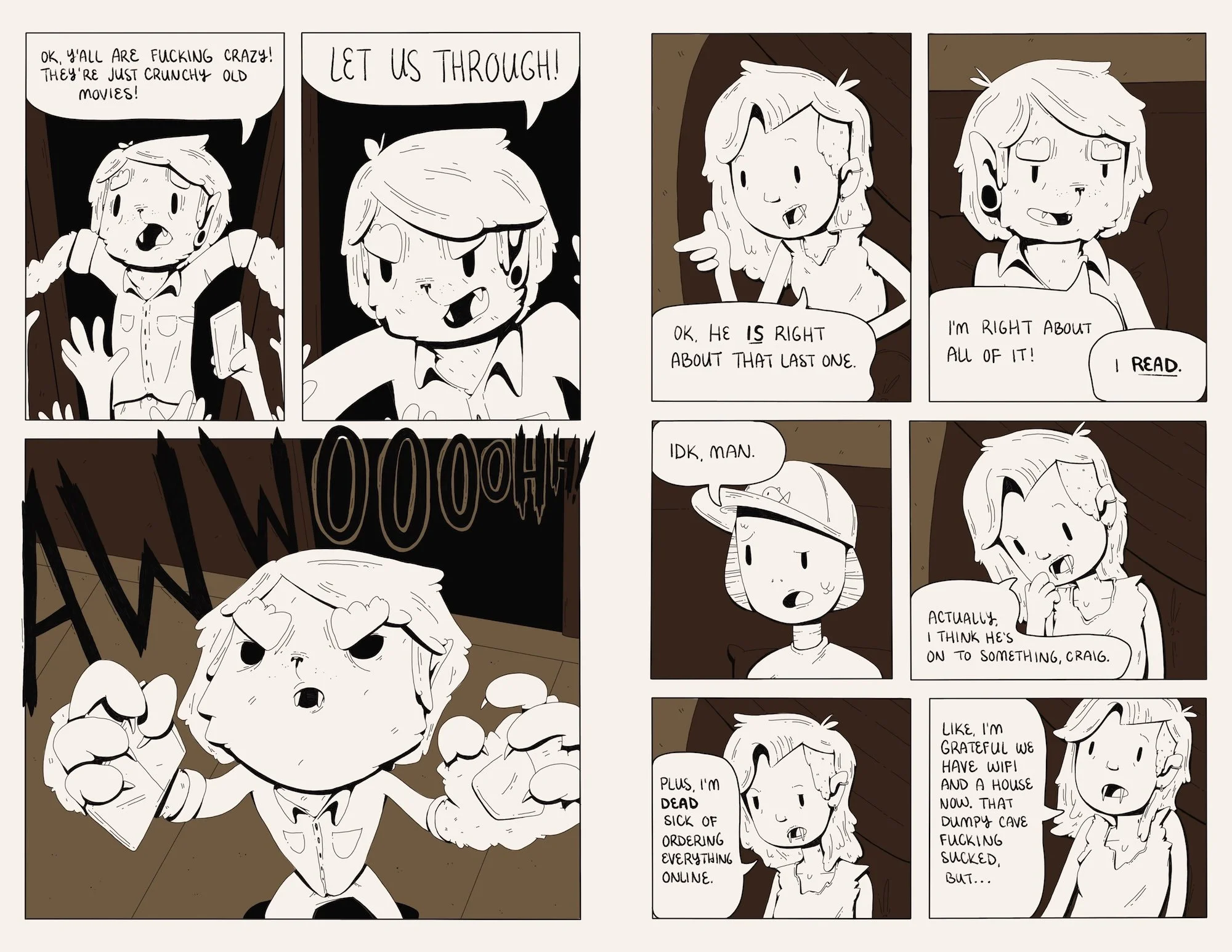 Black-and-white comic strip featuring children discussing their favorite movies and online activities, with expressive facial expressions and speech bubbles.