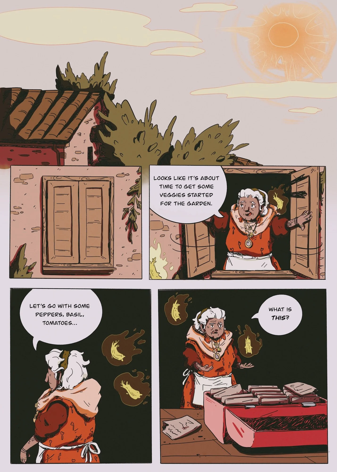 A comic scene with a woman wearing a red dress and white apron, standing in a kitchen or bakery, talking about getting vegetables for a garden. The woman appears concerned or confused as she looks at a box of food or supplies on the table. The backgr