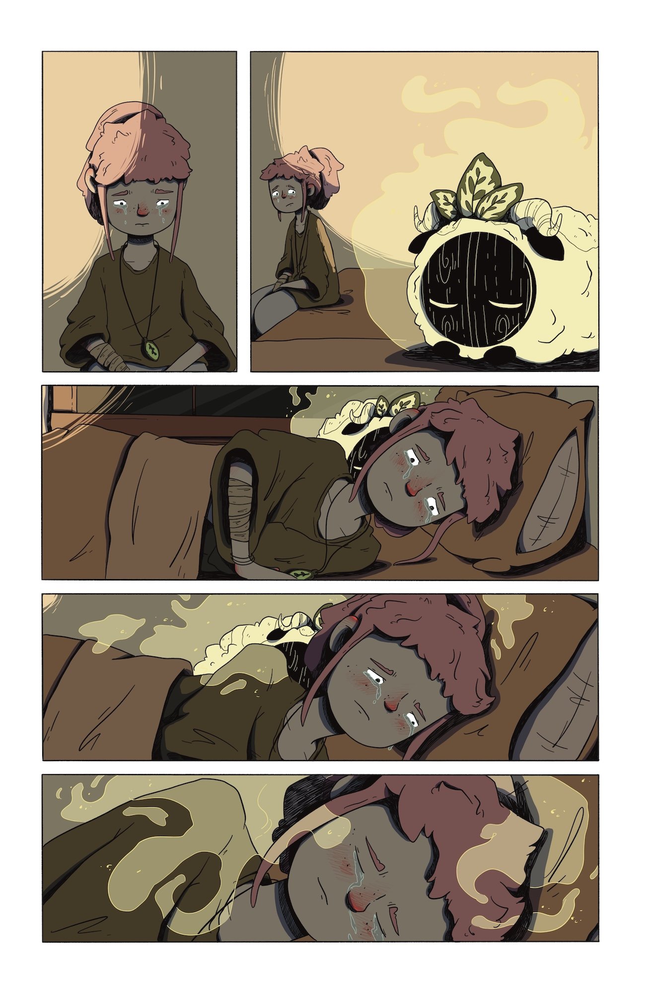 A comic strip showing a young girl with pink hair and tears in her eyes, sitting on a bed and later lying on it with a sad expression, with a small, black, round creature with a leaf on its head also crying and emitting smoke.