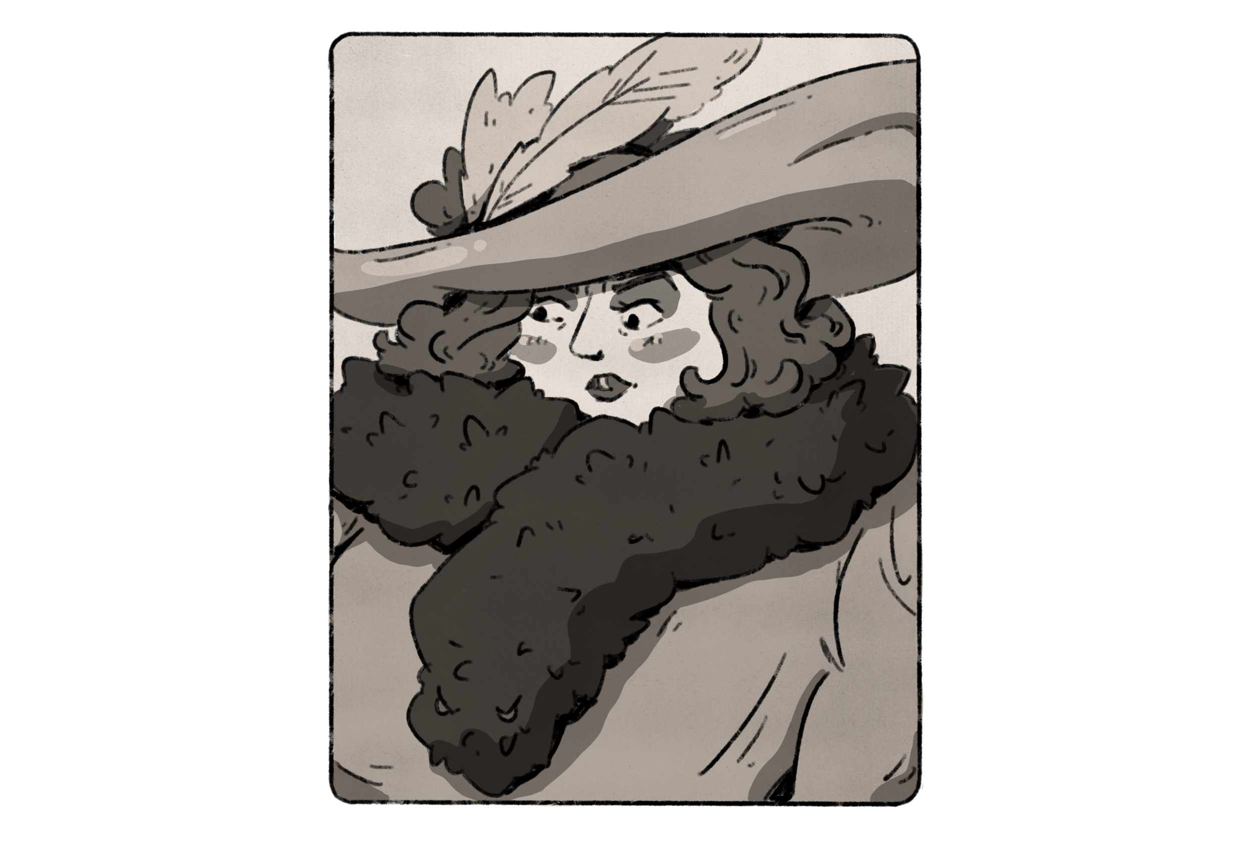 A grayscale illustration of a woman wearing a large feathered hat, with curly hair and a fur-lined coat.
