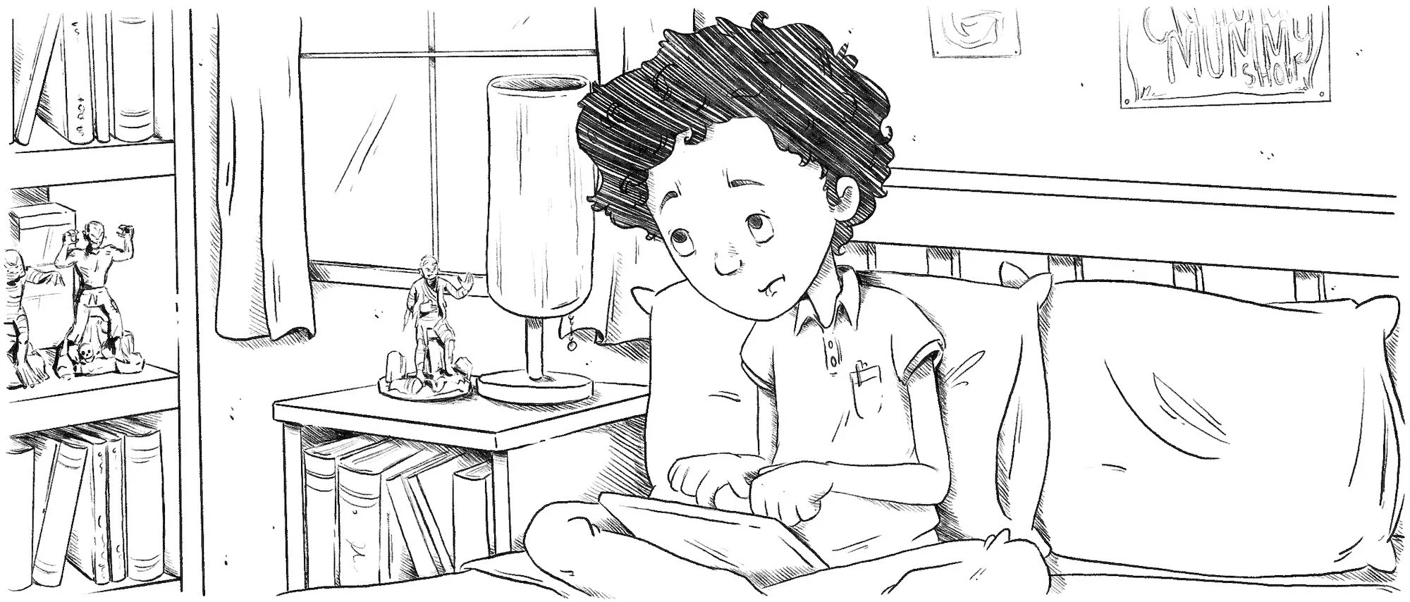A black-and-white illustration of a young boy sitting on a bed, looking at a tablet or book. The room has a bookshelf with books, a lamp, and a poster on the wall. The bookshelf contains figures and books, and there is a window with curtains.