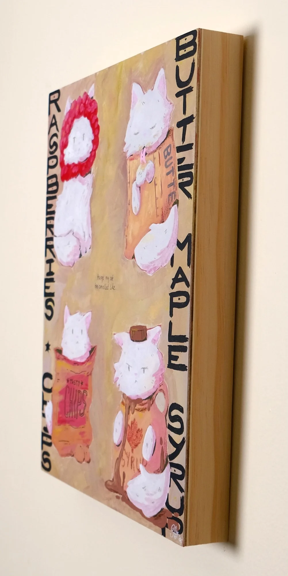 A colorful painting featuring adorable white cats with pink accents, enjoying various activities such as eating and playing, with humorous text around the edges.