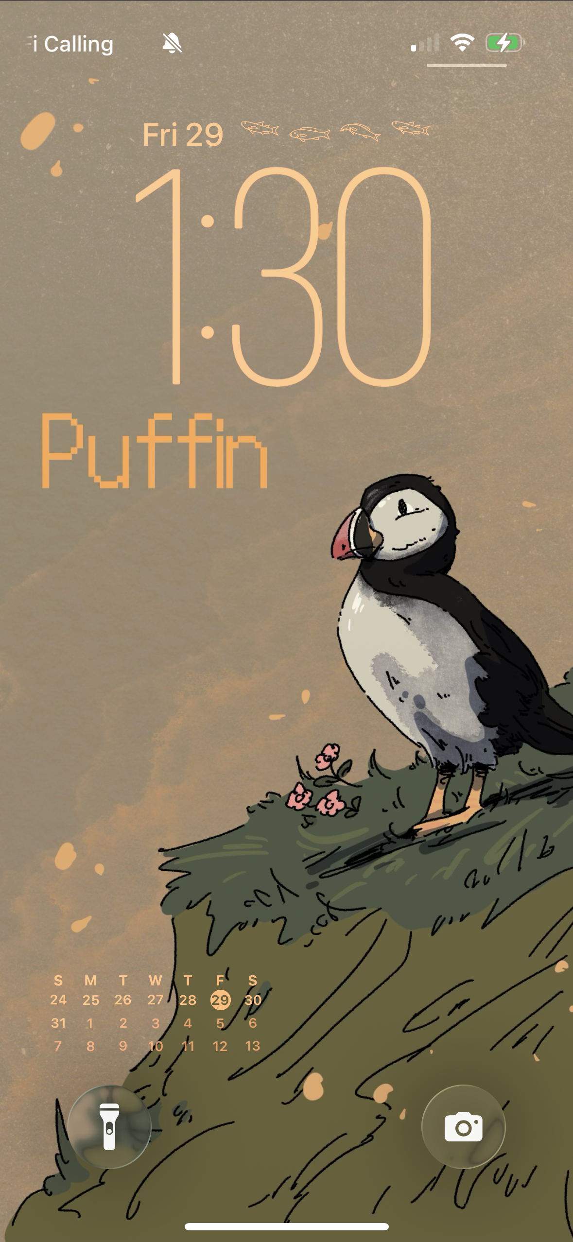A phone lock screen with the date February 29th and time 1:30. The wallpaper features a cartoon puffin bird standing on a grassy cliff with pink flowers. The screen shows a signal indicator, Wi-Fi, and battery icon at the top, with call status "i Cal