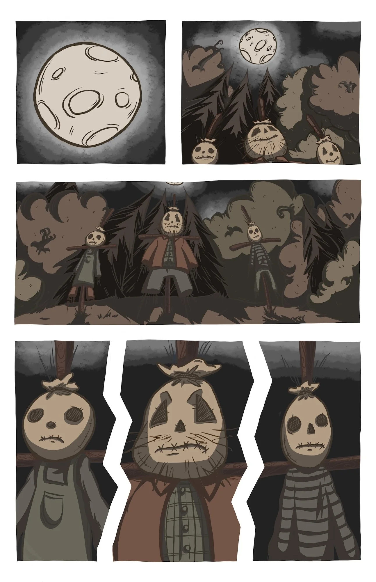 A comic strip with a full moon, dark trees, and three scarecrow-like figures with pumpkins for heads. The figures are dressed in old-fashioned clothing and stand in front of the trees under a dark sky. The comic panels focus on the pumpkins with spoo