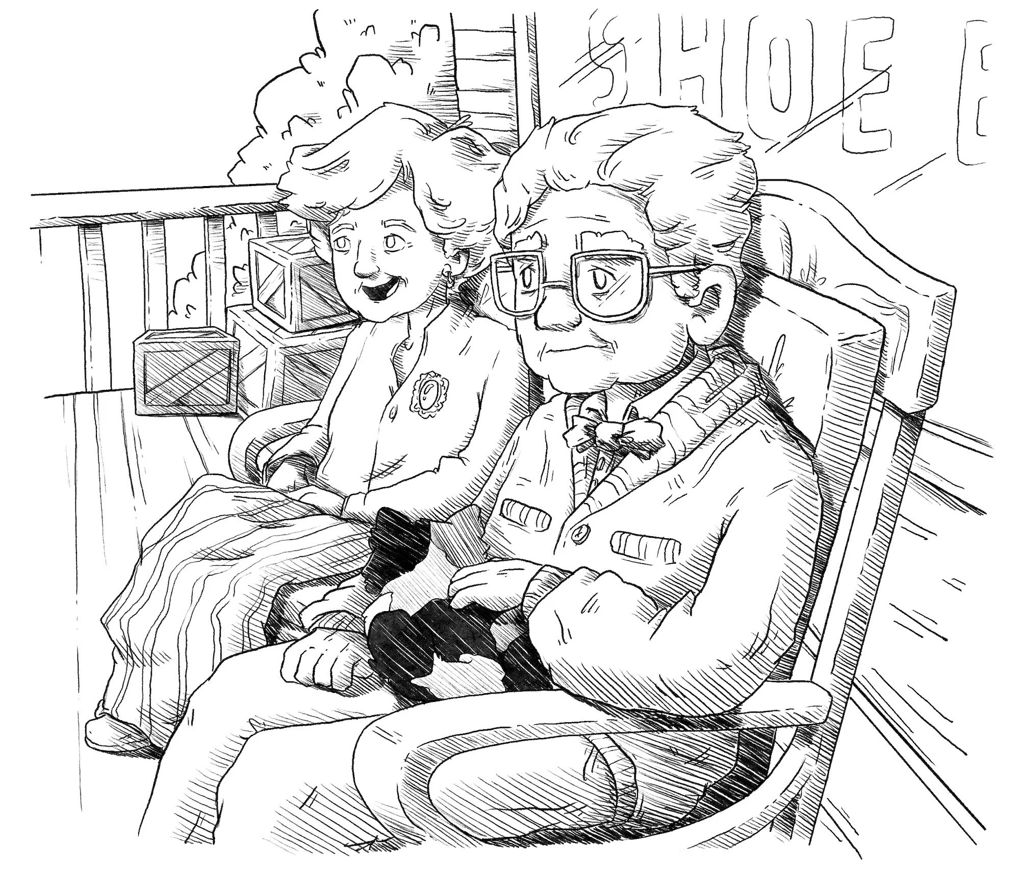 Line drawing of two elderly women sitting on a park bench near a building with a sign that reads 'SHOE'. One woman is smiling and the other has a serious expression.