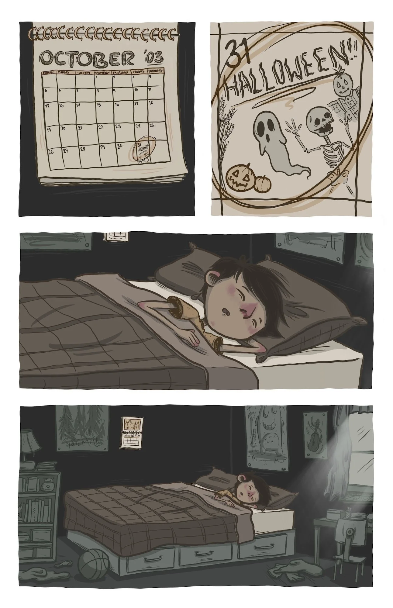 A young girl sleeping in her bedroom with artwork and posters on the walls, a bed with a checkered blanket, and a cluttered room with books, toys, and shoes on the floor.