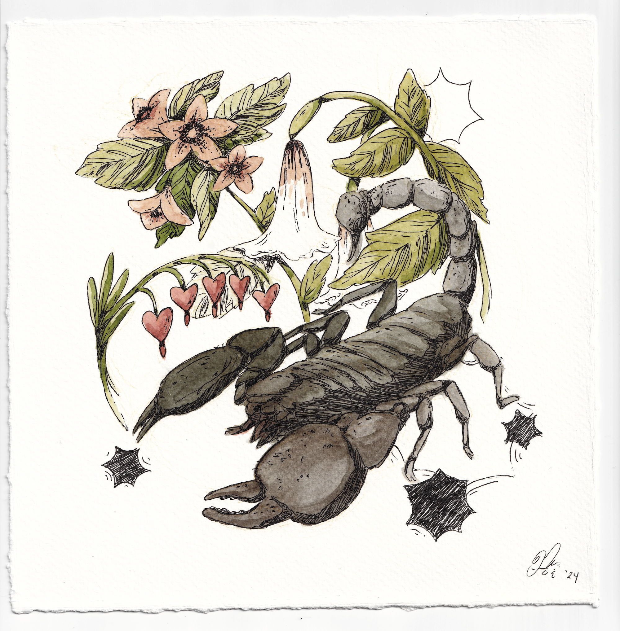 A detailed watercolor illustration of a black and gray wolf with a curled tail sitting on a rocky surface. Behind the wolf, there are lush green leaves, peach-colored flowers with black centers, and small red hearts hanging from the foliage. The artw