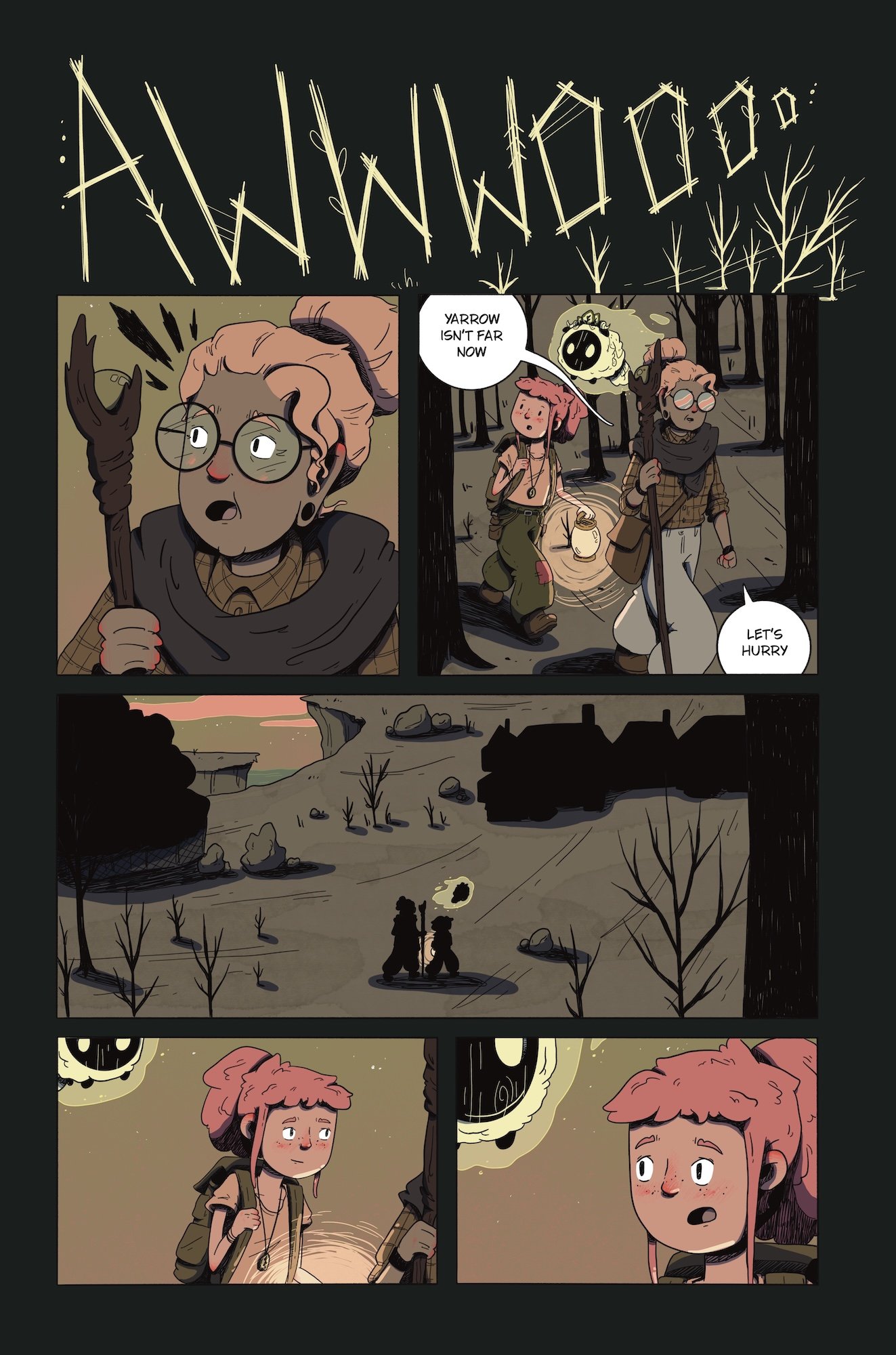 Two young girls walk through a dark, wooded landscape at sunset, belonging to a comic panel. One girl has pink hair, freckles, and a backpack, and is talking to the other girl, who has pink hair, glasses, and a staff. The scene ends with them looking