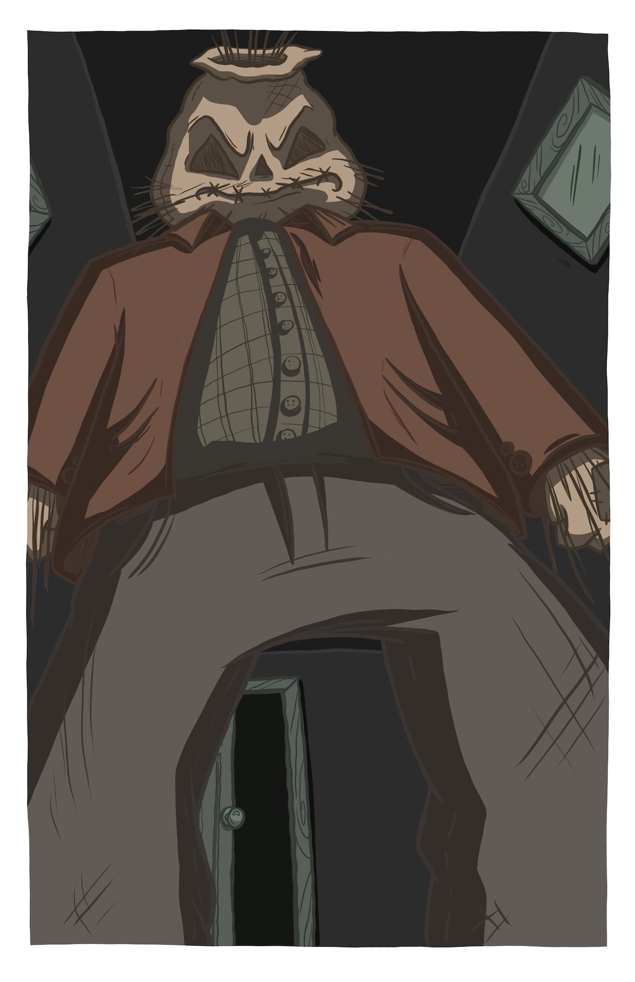 A cartoon illustration of a character with a cat's skull for a head, wearing a brown coat and patterned shirt, seen from a low angle in a dark hallway with a door and window.