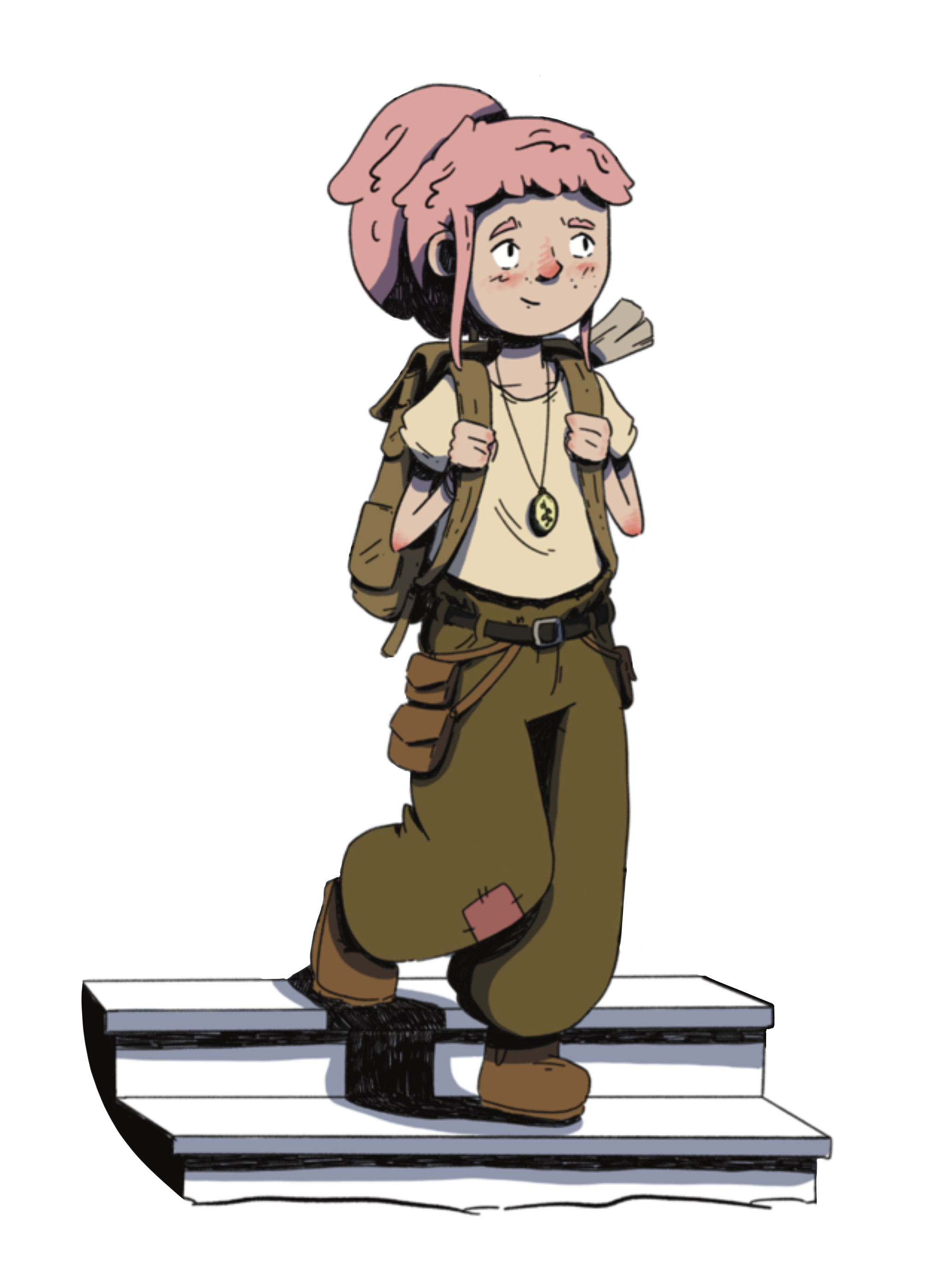 A comic illustration of a young girl walking down small stairs. She has pink hair, is wearing an adventurous backpack and a necklace with a leaf decoration on it.