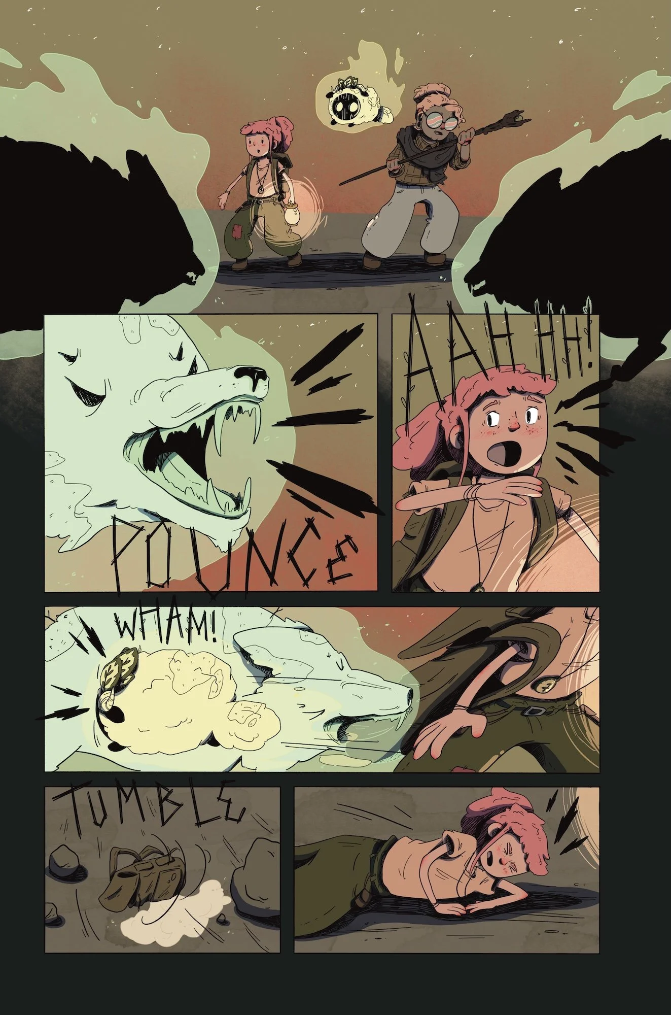 A digital comic illustrating a scene in a forest with two characters, one with pink hair and goggles, and the other with glasses and pink hair. They encounter a large, aggressive wolf-like creature that lunges at them. The characters dodge the attack
