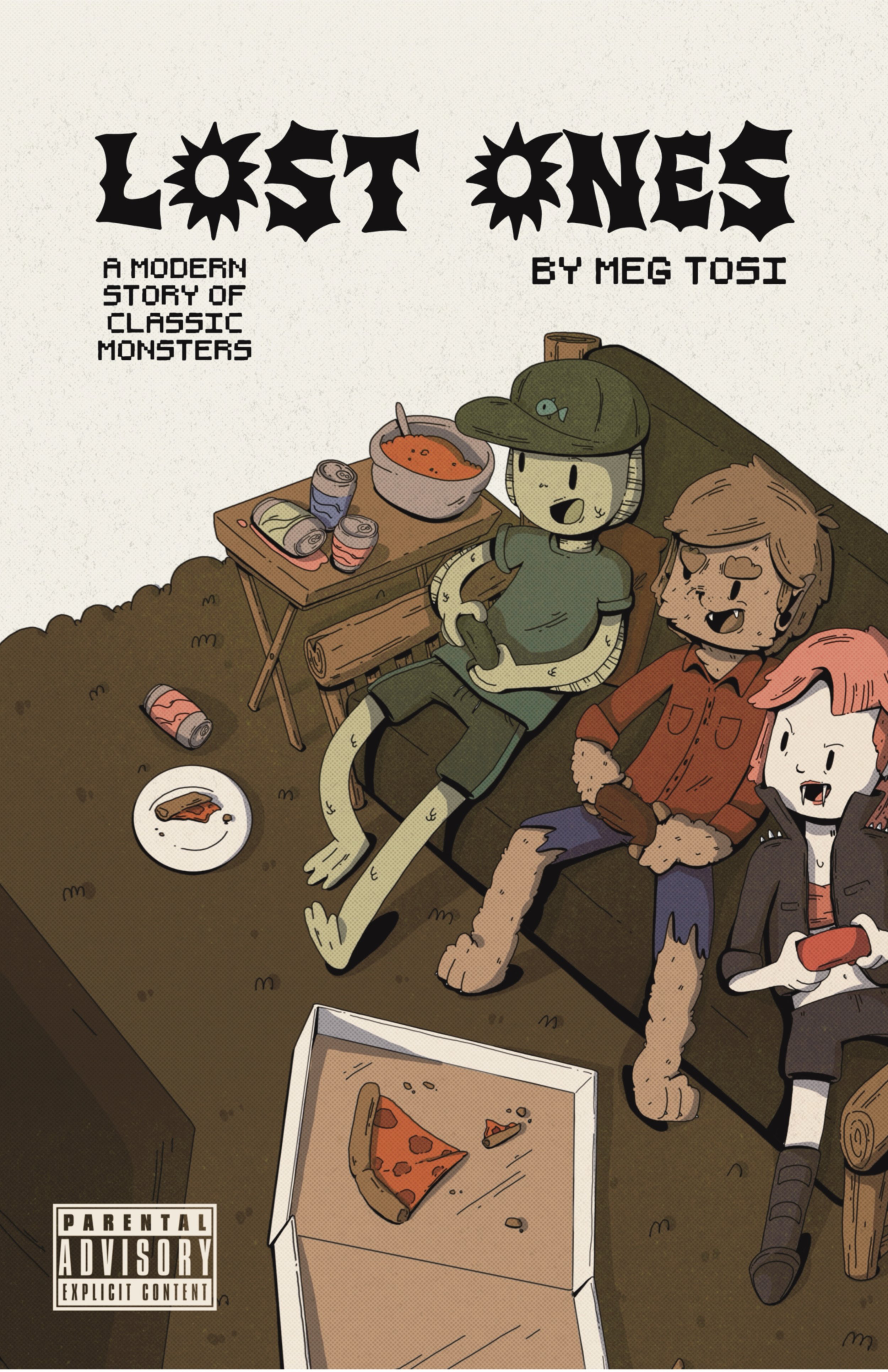 Comic style illustration of three classic monsters dressed as modern casual adults. They're sitting relaxed on a couch together all playing a video game. Only the back of the tv is shown. A mostly empty box of pizza sits on the floor in front of them