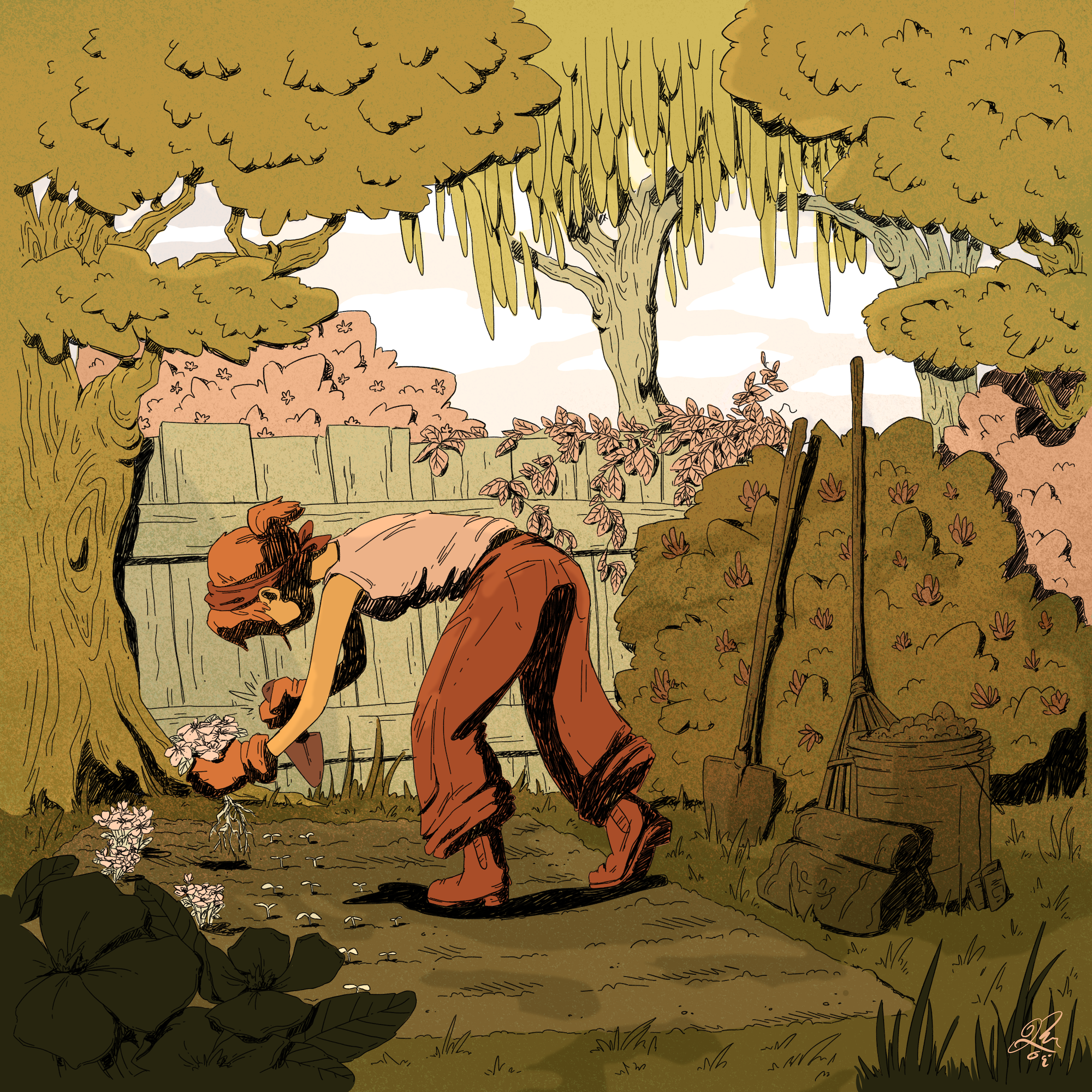 A person with long reddish hair is gardening, kneeling down and using a small shovel to plant flowers in a garden. The scene is surrounded by lush trees and bushes, with a wooden fence in the background and garden tools nearby.
