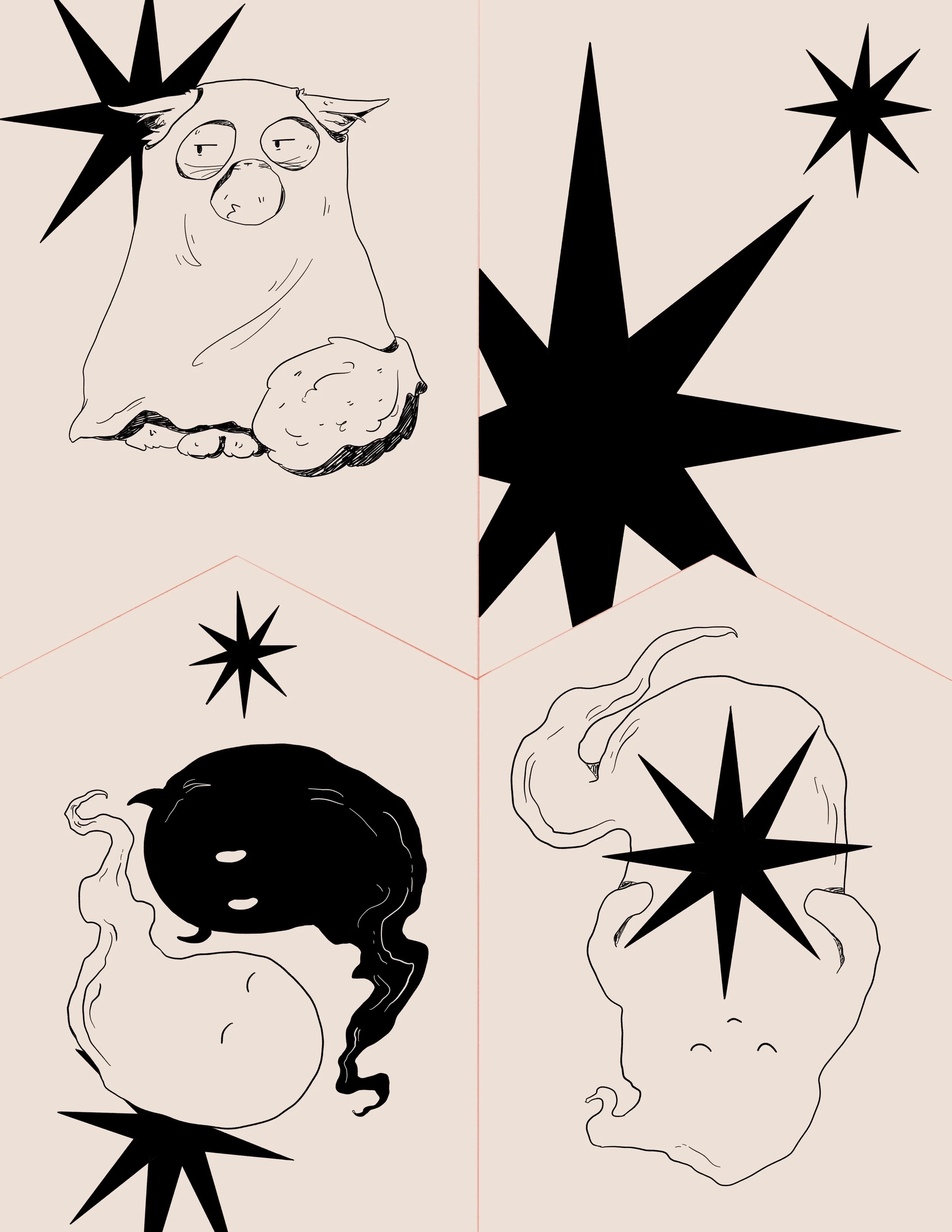 Four illustrations of a potato with a star shape behind it, each drawn in a different style.