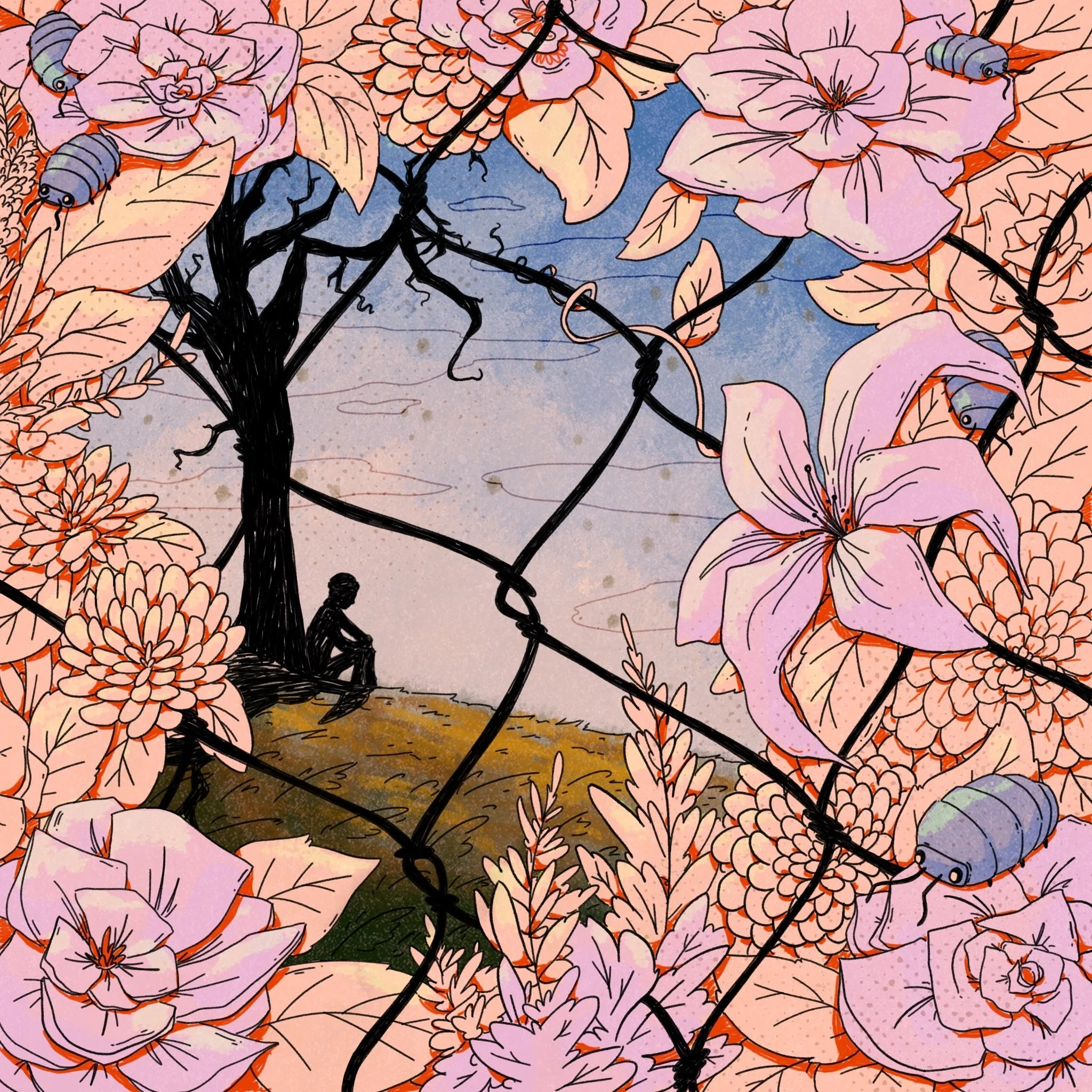 Drawing of pink flowers with black stems and light purple details, featuring some small blue and green caterpillars climbing on the flowers.