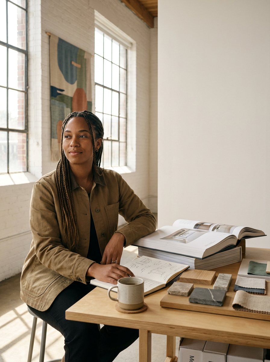 A woman with long braided hair sitting at a wooden table in a bright, industrial-style room with large windows, surrounded by design or architecture books and samples, holding a notebook and a ceramic mug.