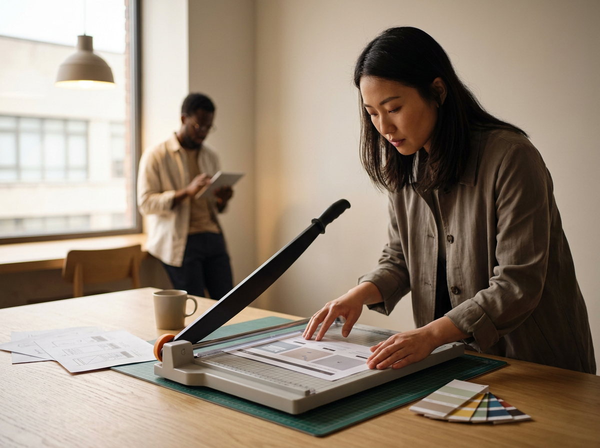 Woman using a paper trimmer on a design layout, with color swatches and documents on a wooden table.