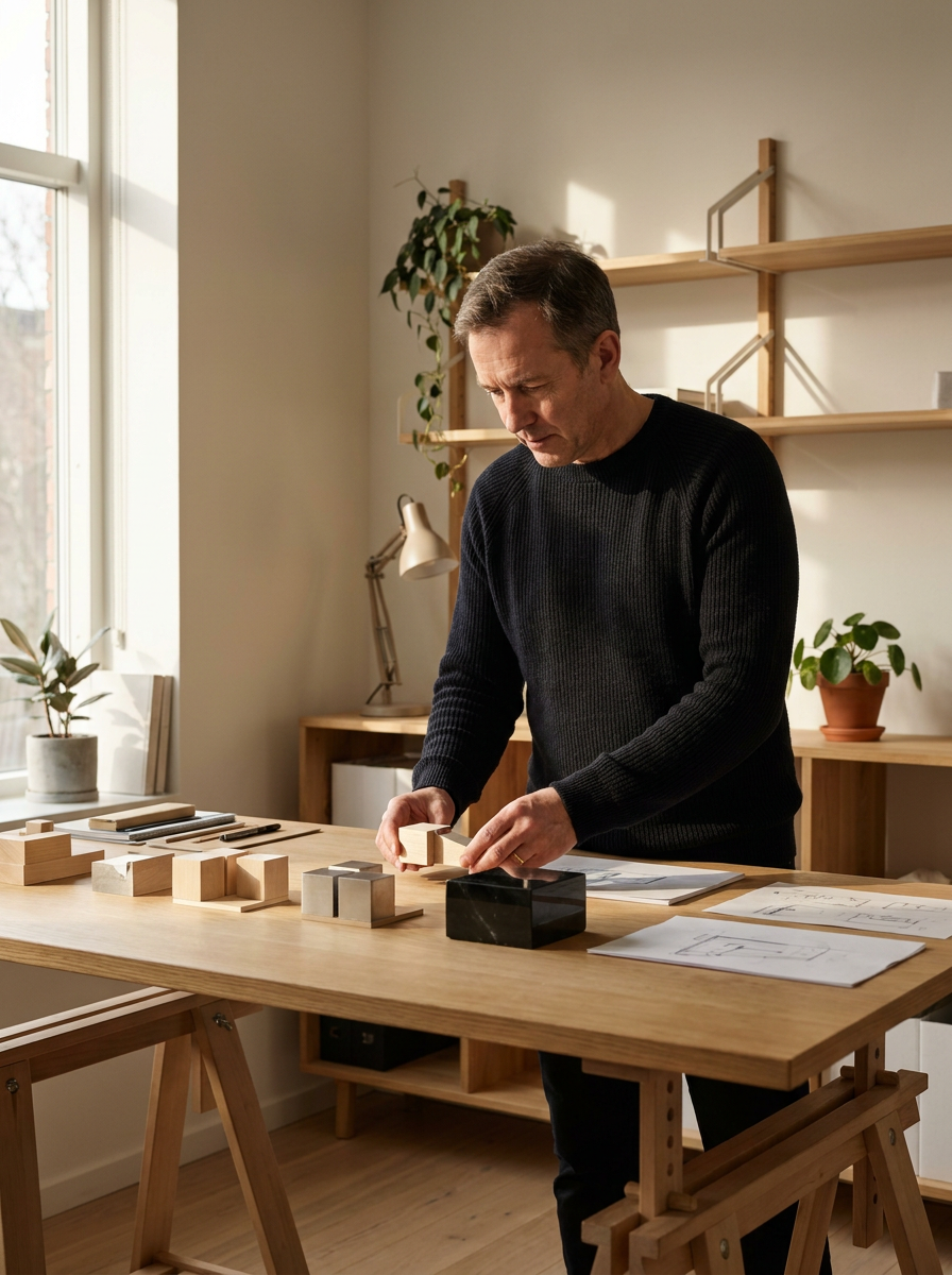 Man arranging small wooden blocks on a table in a well-lit room with plants and shelves.
