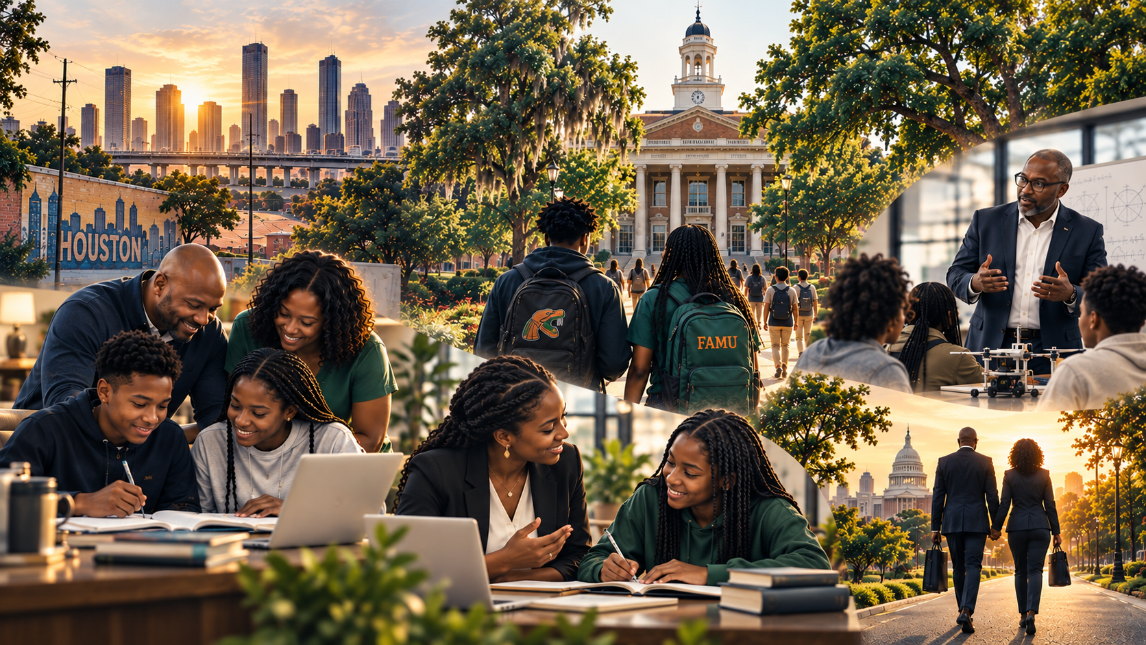 Visual story of Unreaped Corners founders Nathan and Angela Brooks, tracing family support in Houston through education at Florida A&M University, mentoring, career development, and investing in others.