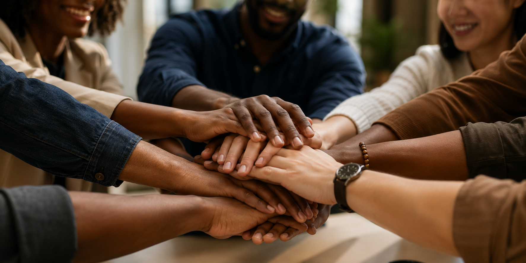 Multiple diverse people stacking their hands together in a gesture of unity and teamwork.