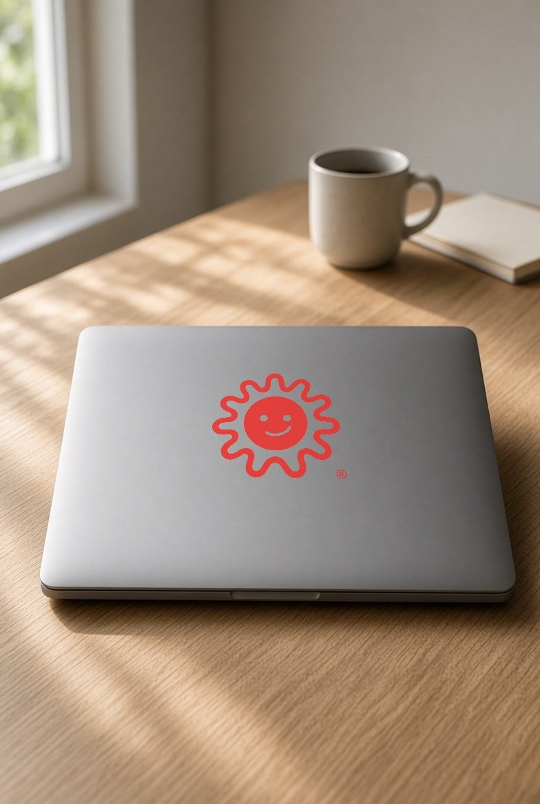 Happy Cell clear sticker on a laptop lid